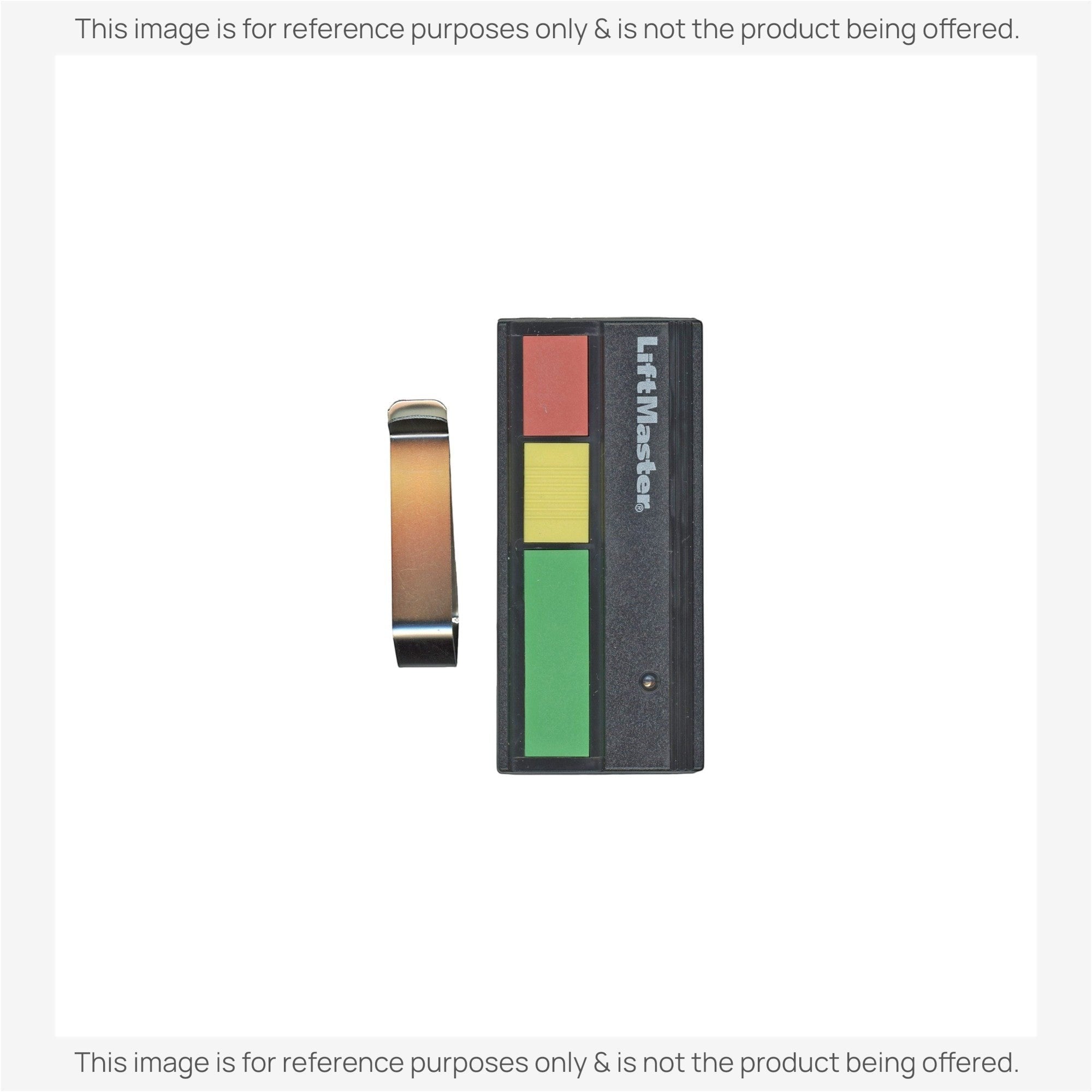 Anderic 3-button garage door remote with red, yellow, and green buttons and a metal visor clip on a white background.
