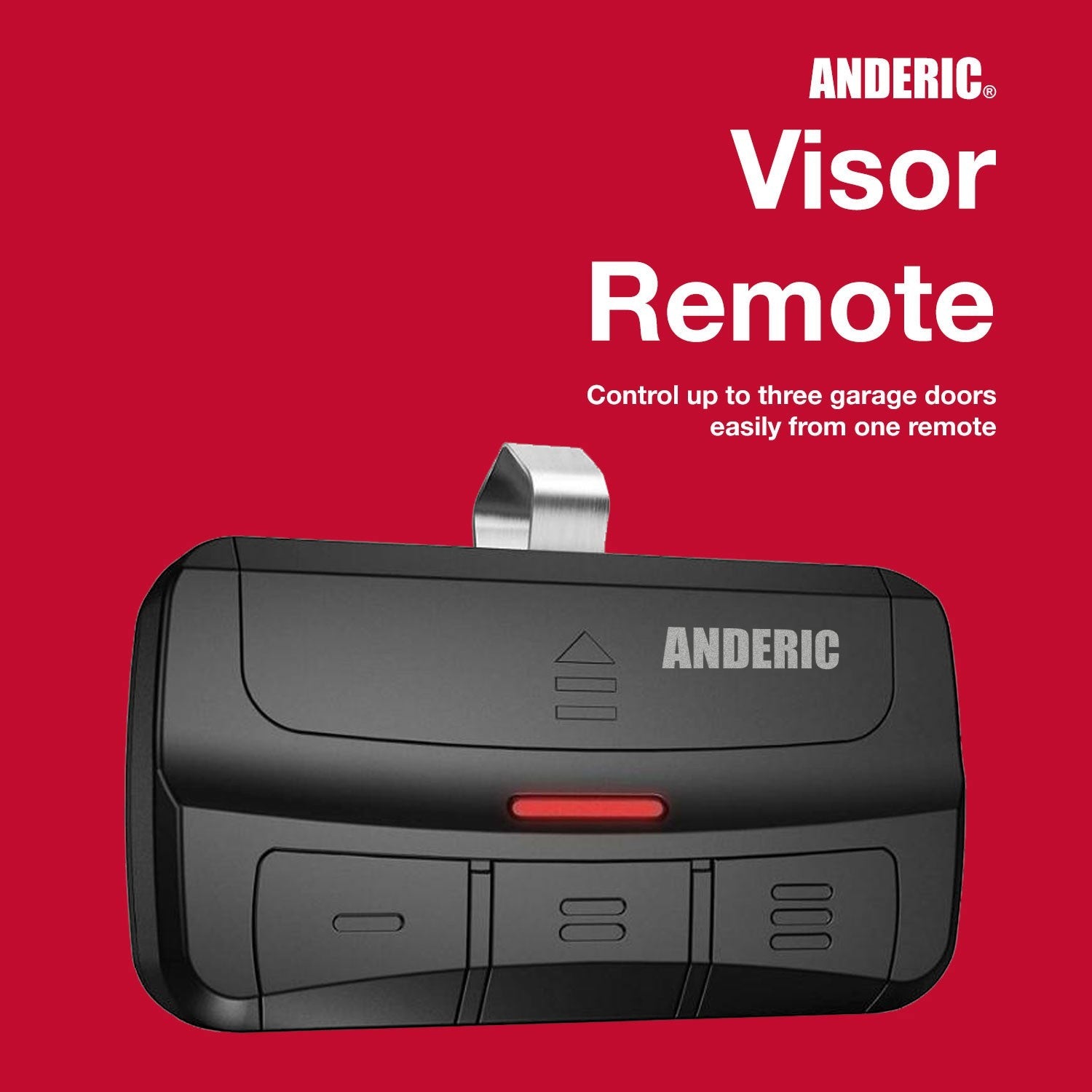 Anderic 3-button universal garage door opener remote with black finish, LED indicator, and metal visor clip.