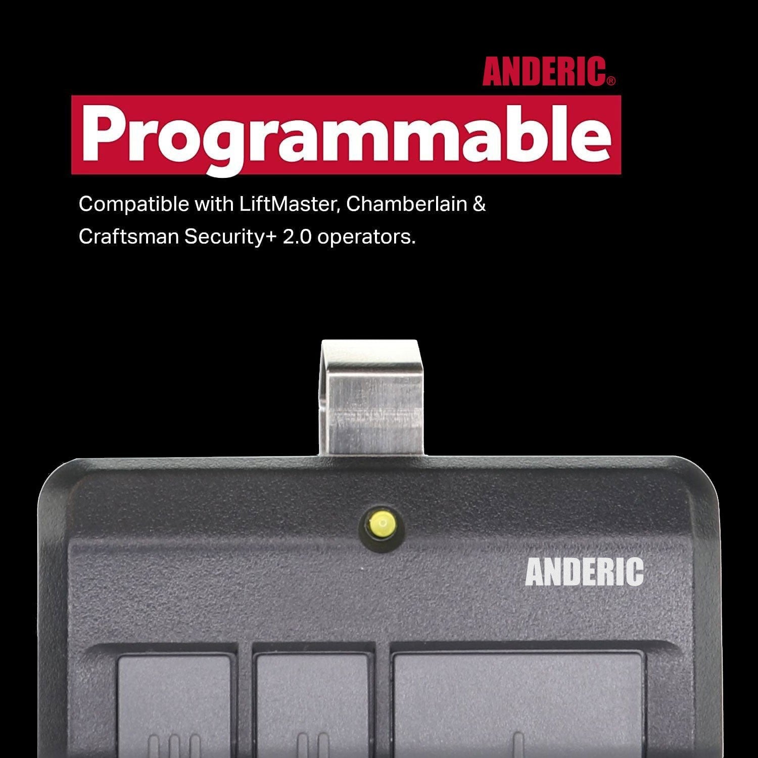 Anderic 3-button garage door opener remote with visor clip, compatible with LiftMaster, Chamberlain, and Craftsman.