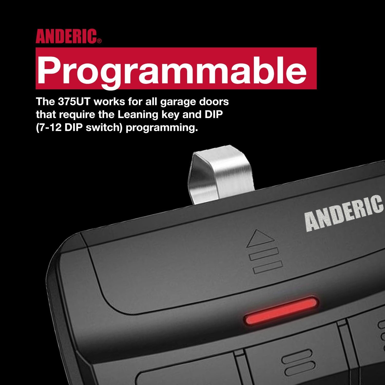 Anderic 3-button garage door remote with red LED indicator and metal visor clip for universal compatibility.
