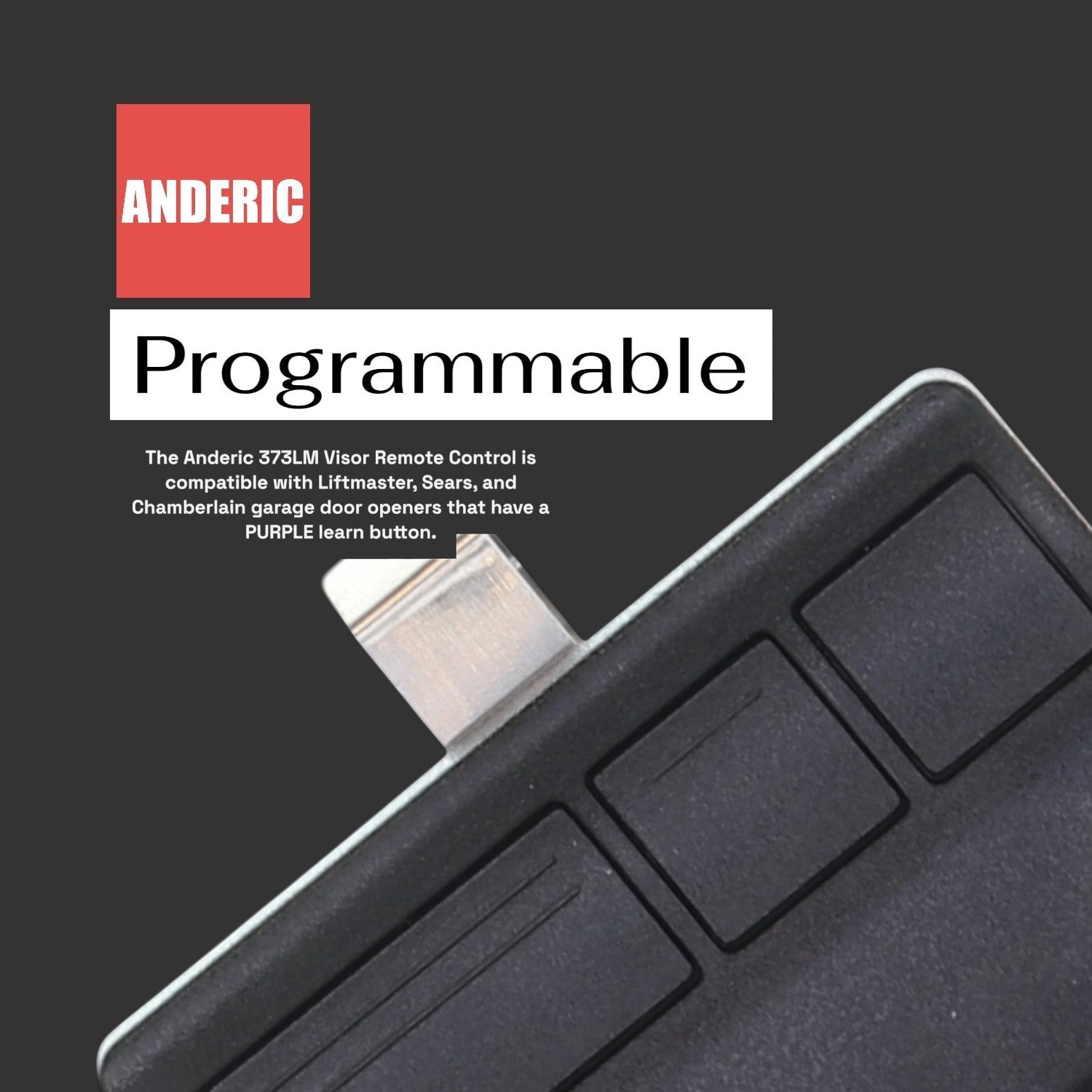 Anderic 3-button garage door remote control with visor clip, compatible with purple learn button openers.