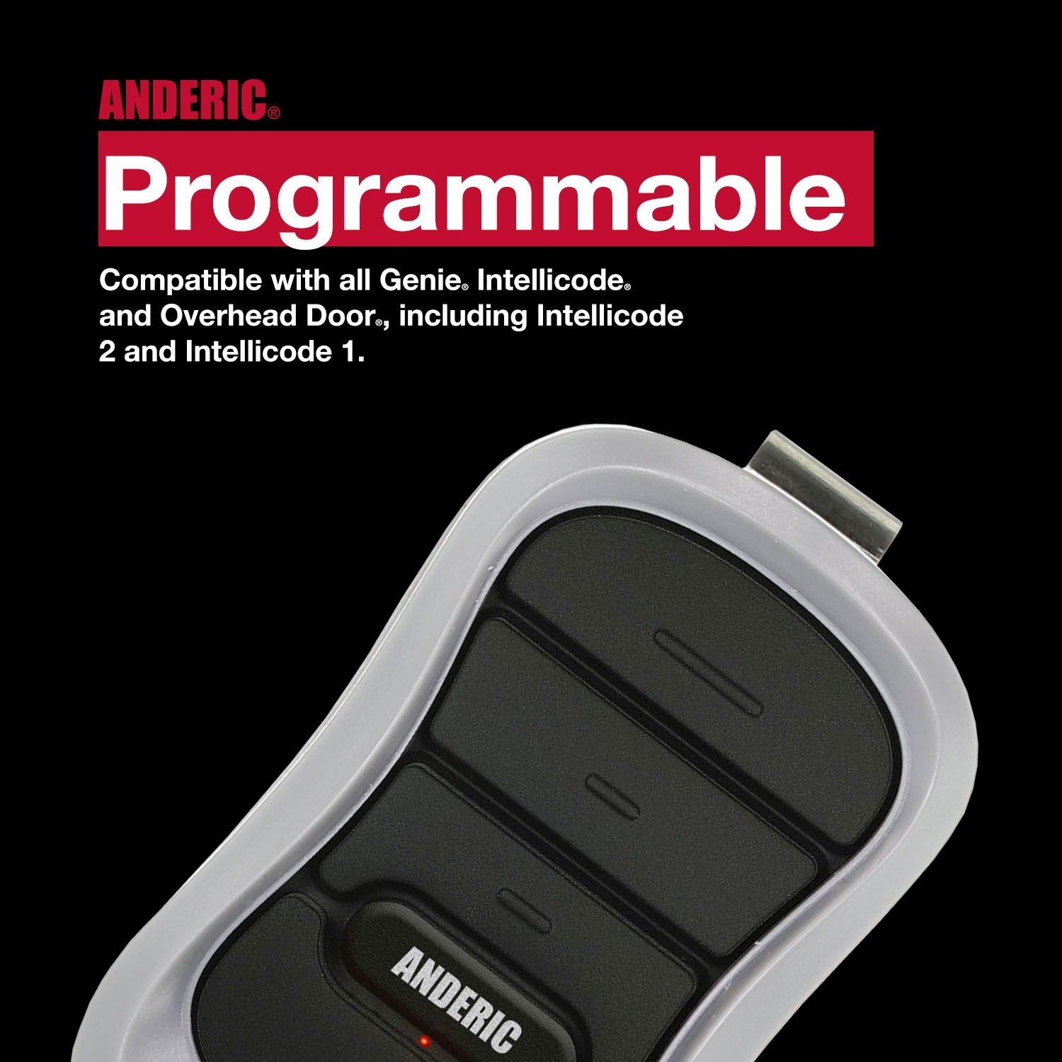 Anderic 3-button garage door remote control with black buttons and white casing, compatible with Genie systems.
