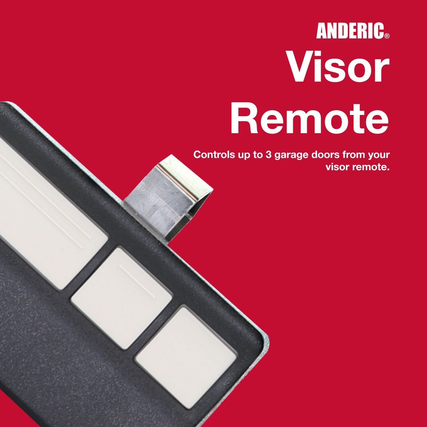 Anderic 3-button garage door visor remote with a metal clip against a red background.
