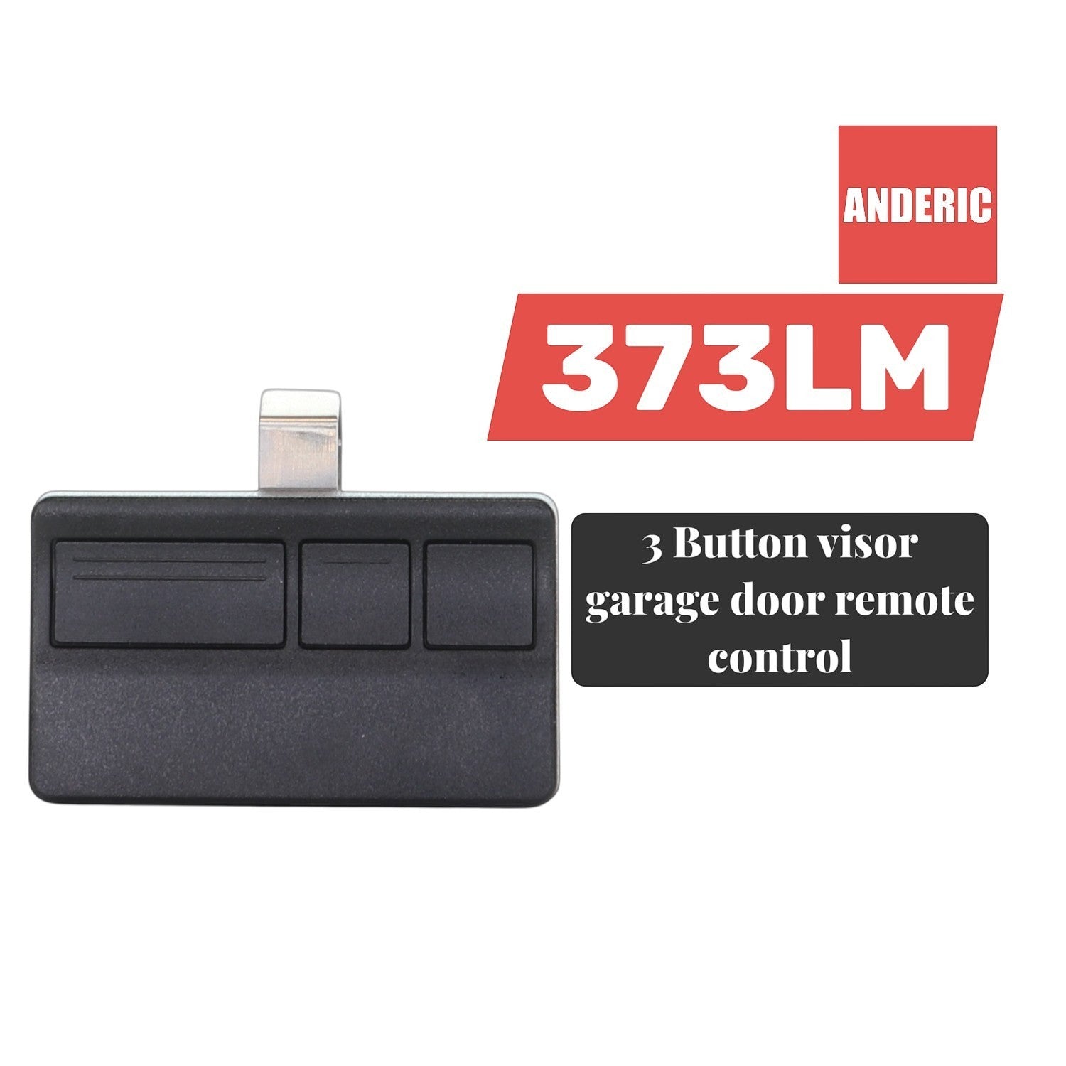 Anderic 373LM 3-button black visor garage door remote control for 315 MHz systems.