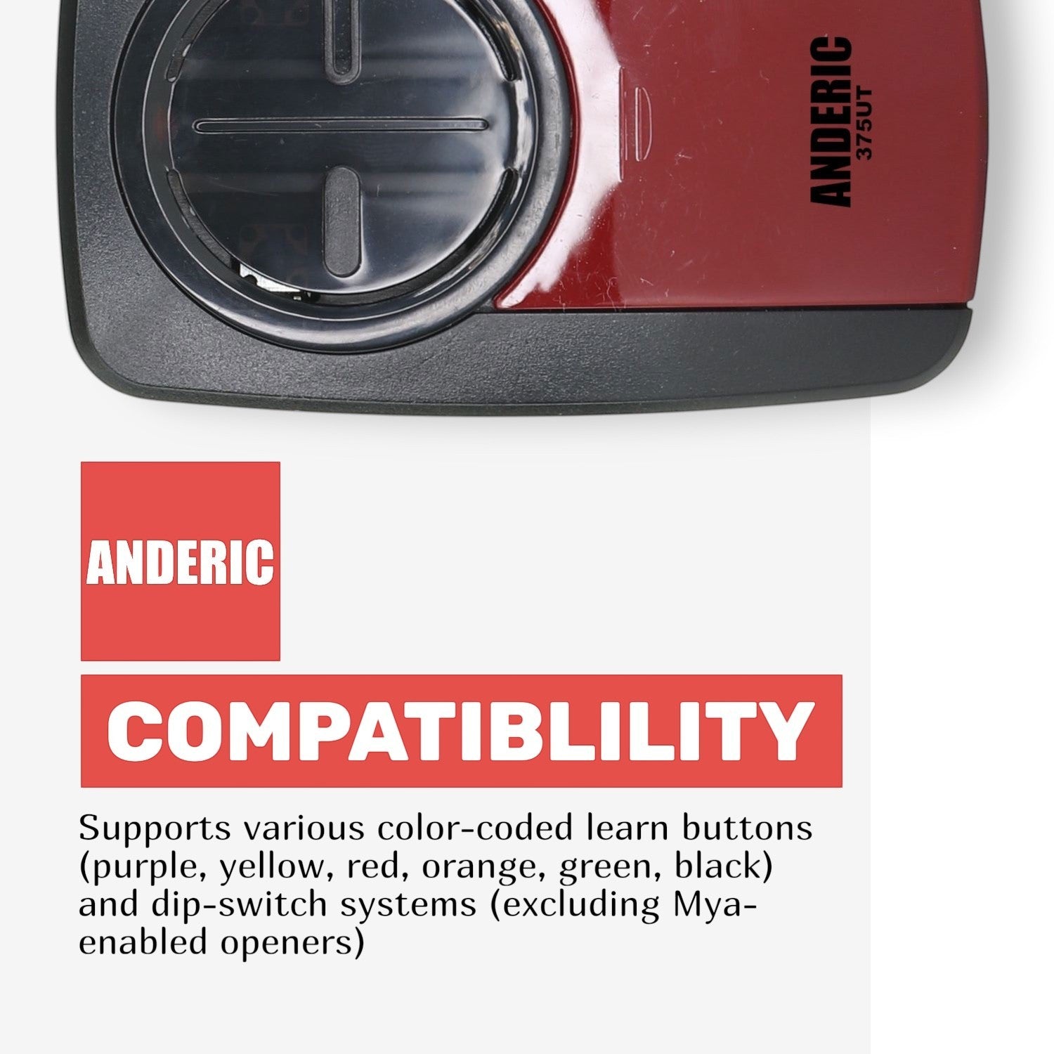 Anderic 375UT two-button garage door remote control in red and black with compatibility information text below.