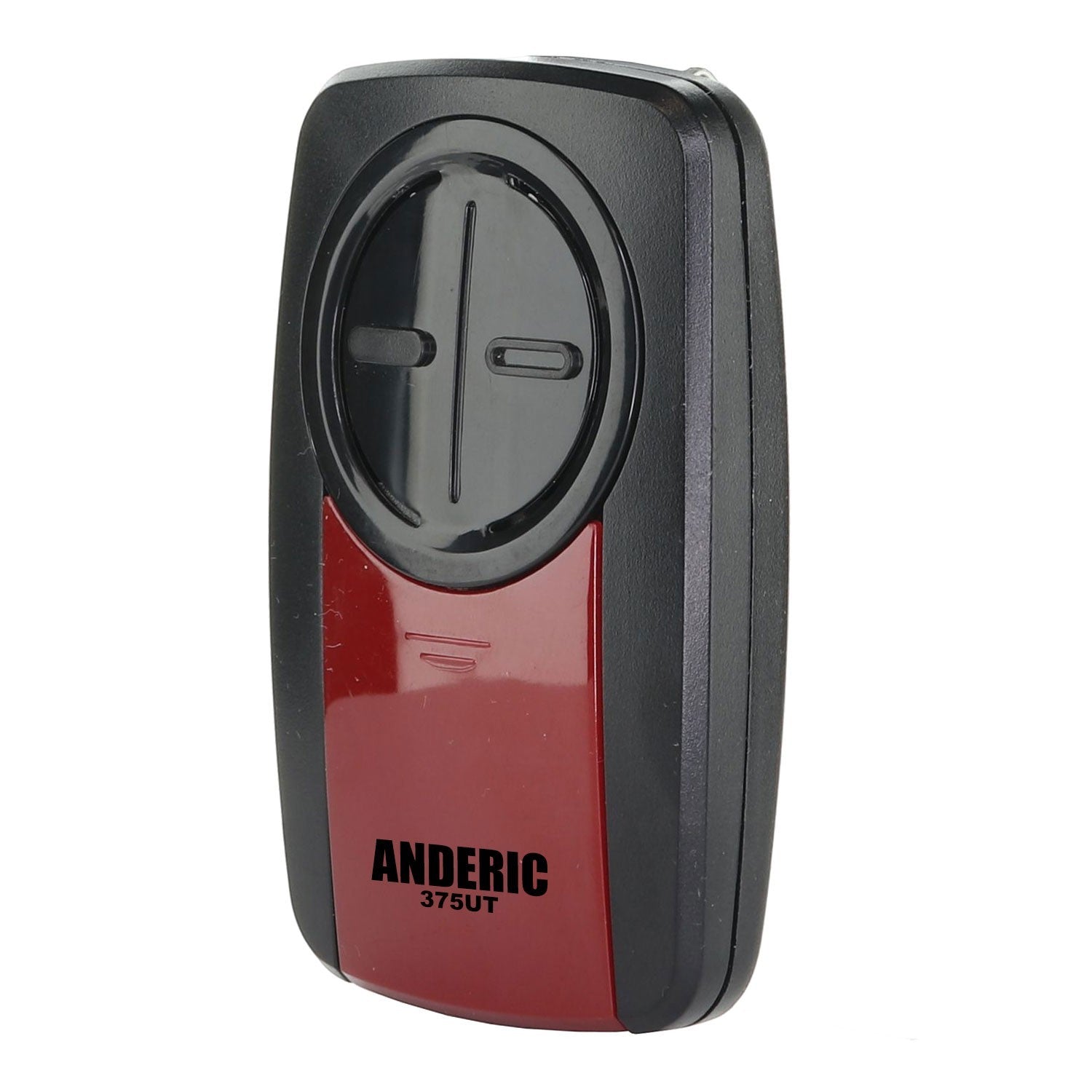 Anderic 375UT two-button garage door remote control in black and red with a compact, handheld design.