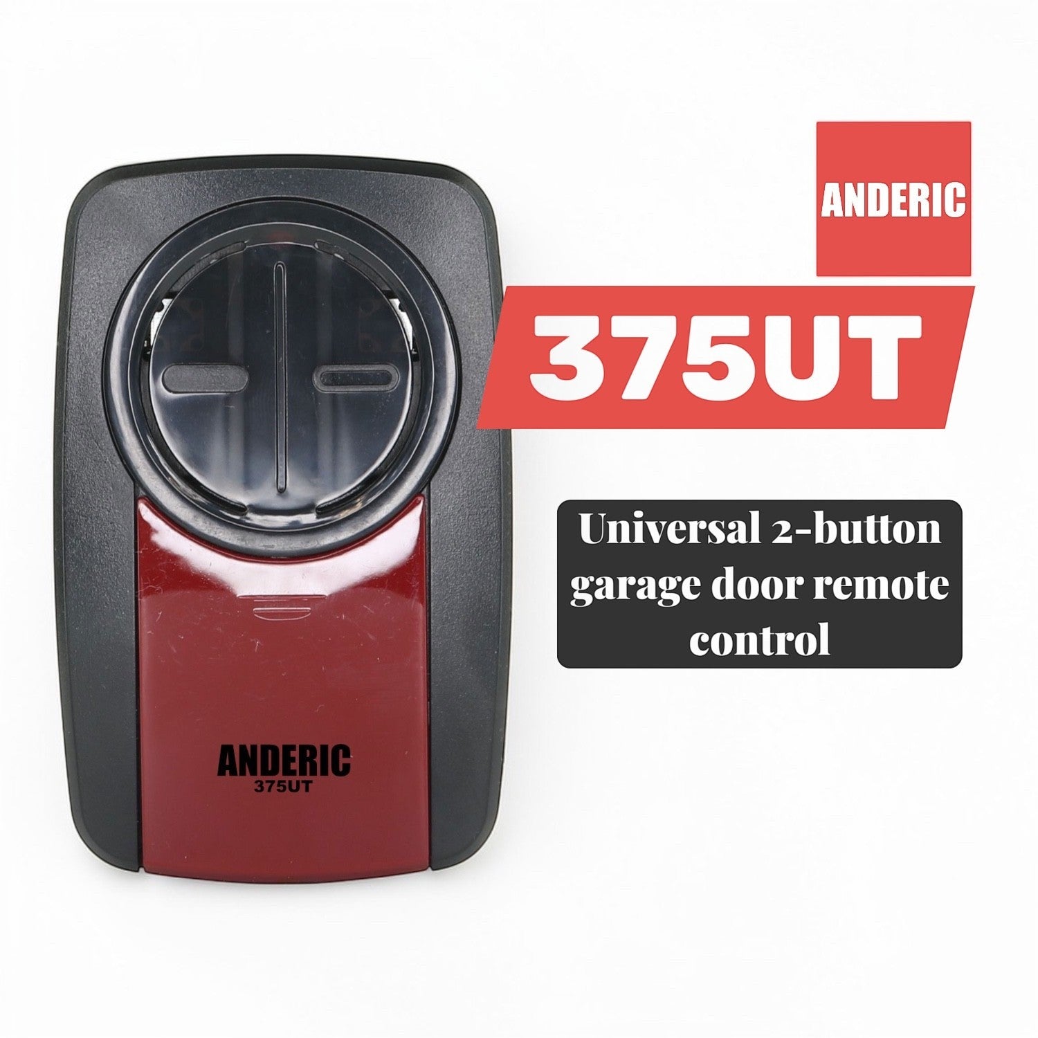 Anderic 375UT universal 2-button garage door remote control in black and maroon with a protective sliding cover.