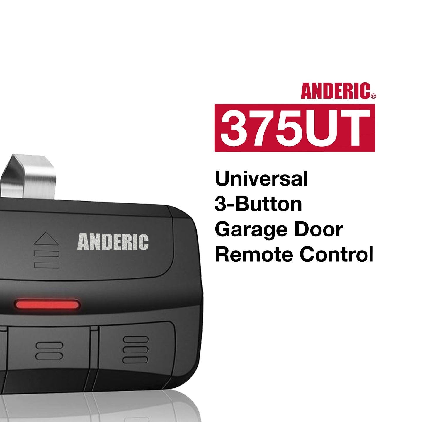 Anderic 375UT universal 3-button garage door remote control with black finish and red LED indicator light.