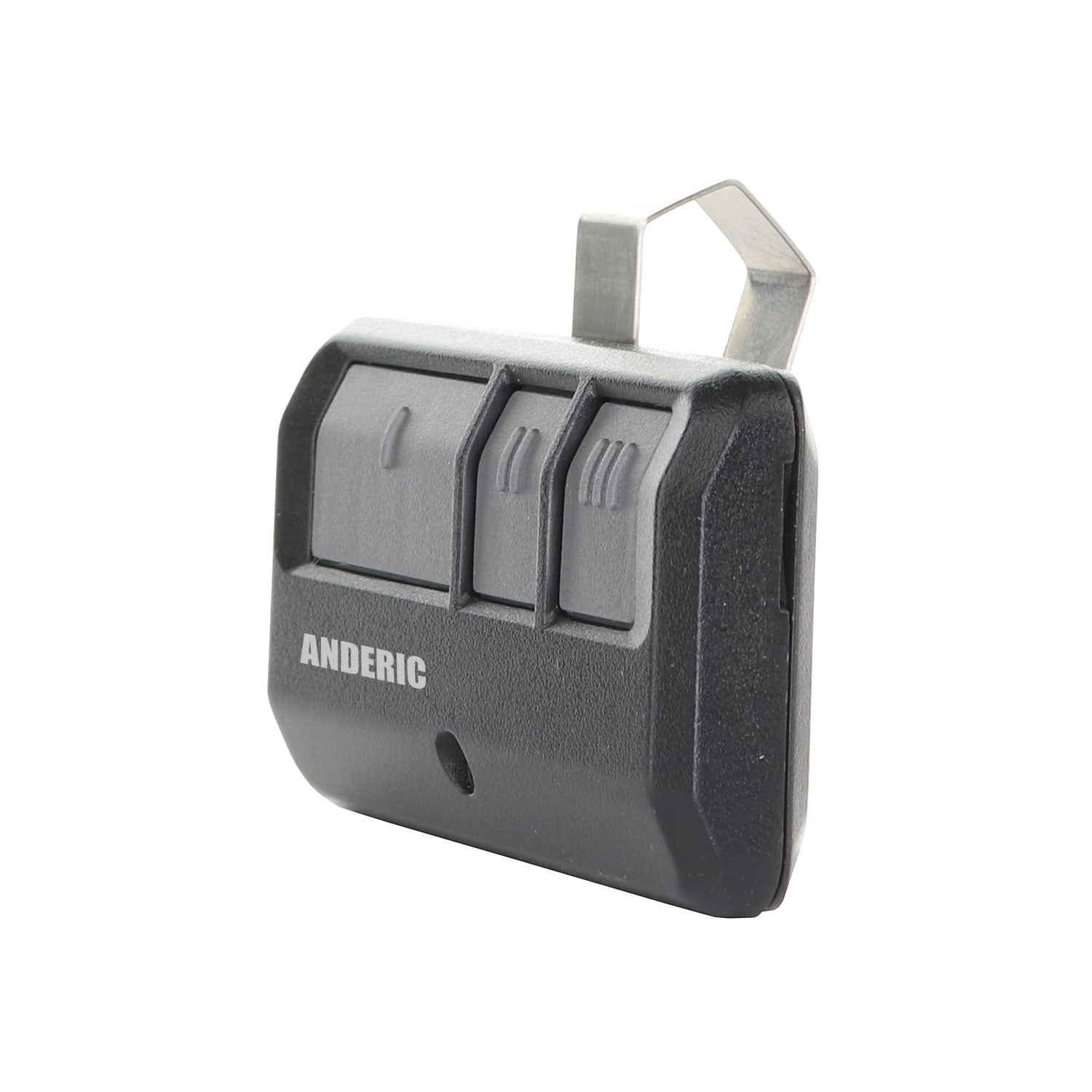 Anderic 4-button garage door remote control in black with a metal visor clip for easy mounting.