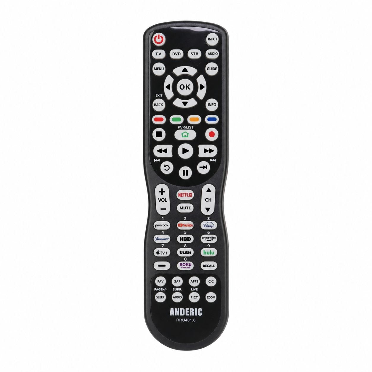 Anderic 4-device universal remote control with backlit keypad, streaming shortcut buttons, and ergonomic black design.