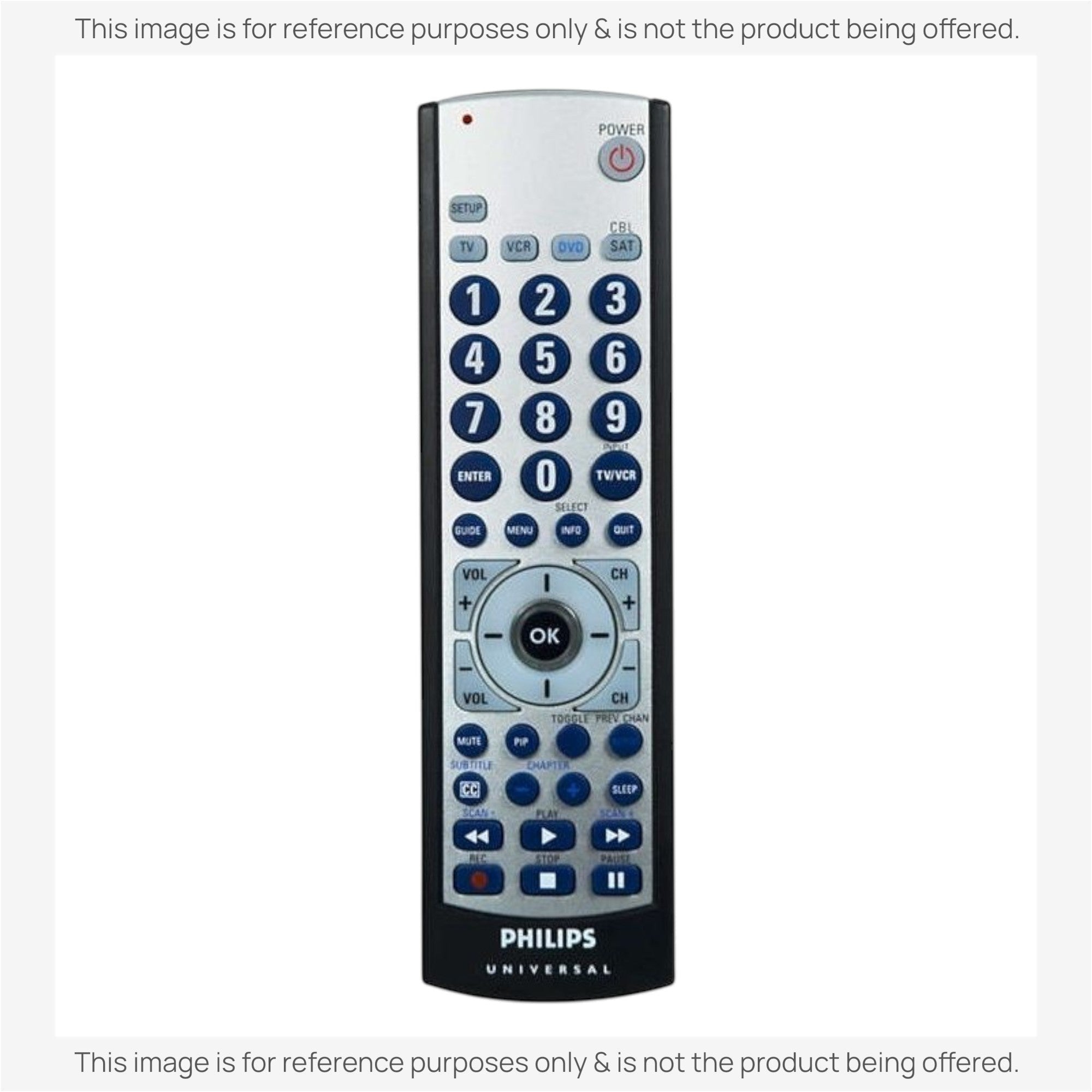 Anderic 4-device universal remote control with a silver face, black buttons, and dedicated streaming shortcut keys.