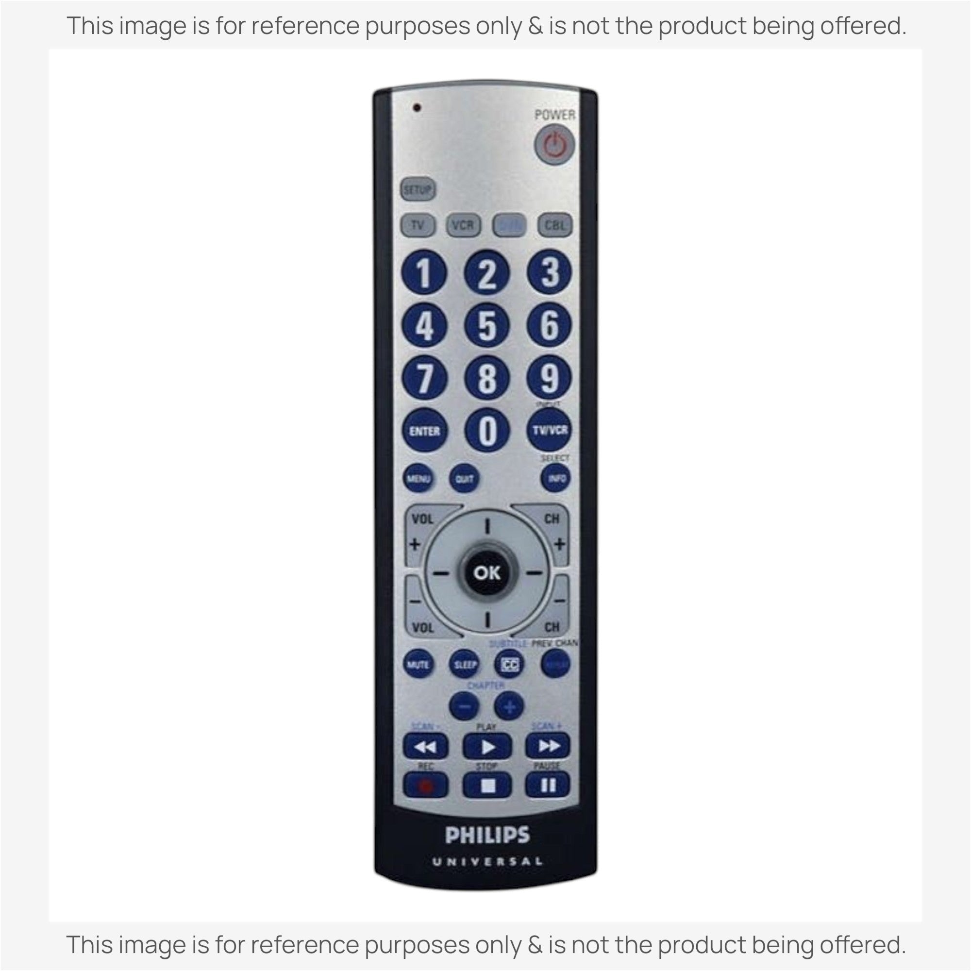 Anderic 4-device universal remote control with a black body, blue number buttons, and dedicated media playback keys.