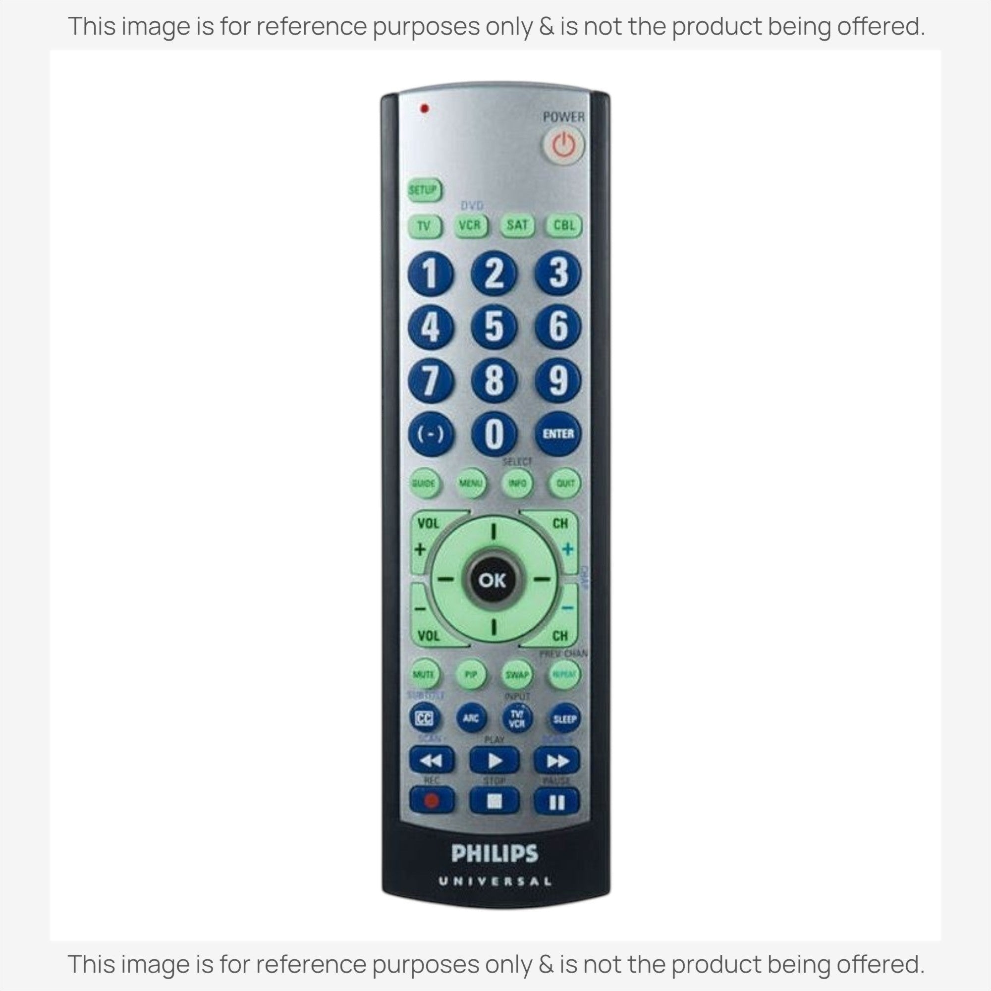 Anderic 4-device universal remote control with a silver body, blue number buttons, and green function keys.