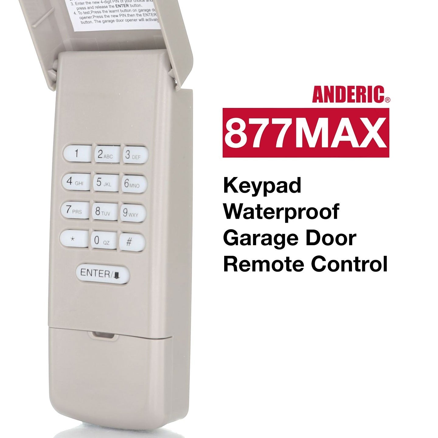 Anderic 877MAX wireless garage door keypad remote control with a beige protective cover and numeric buttons.