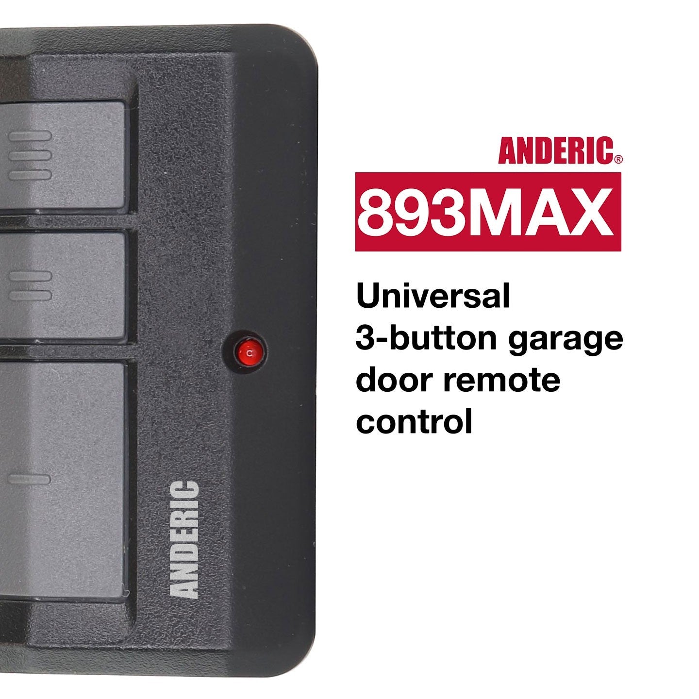 Anderic 893MAX universal 3-button garage door remote control in black with a red LED indicator light.