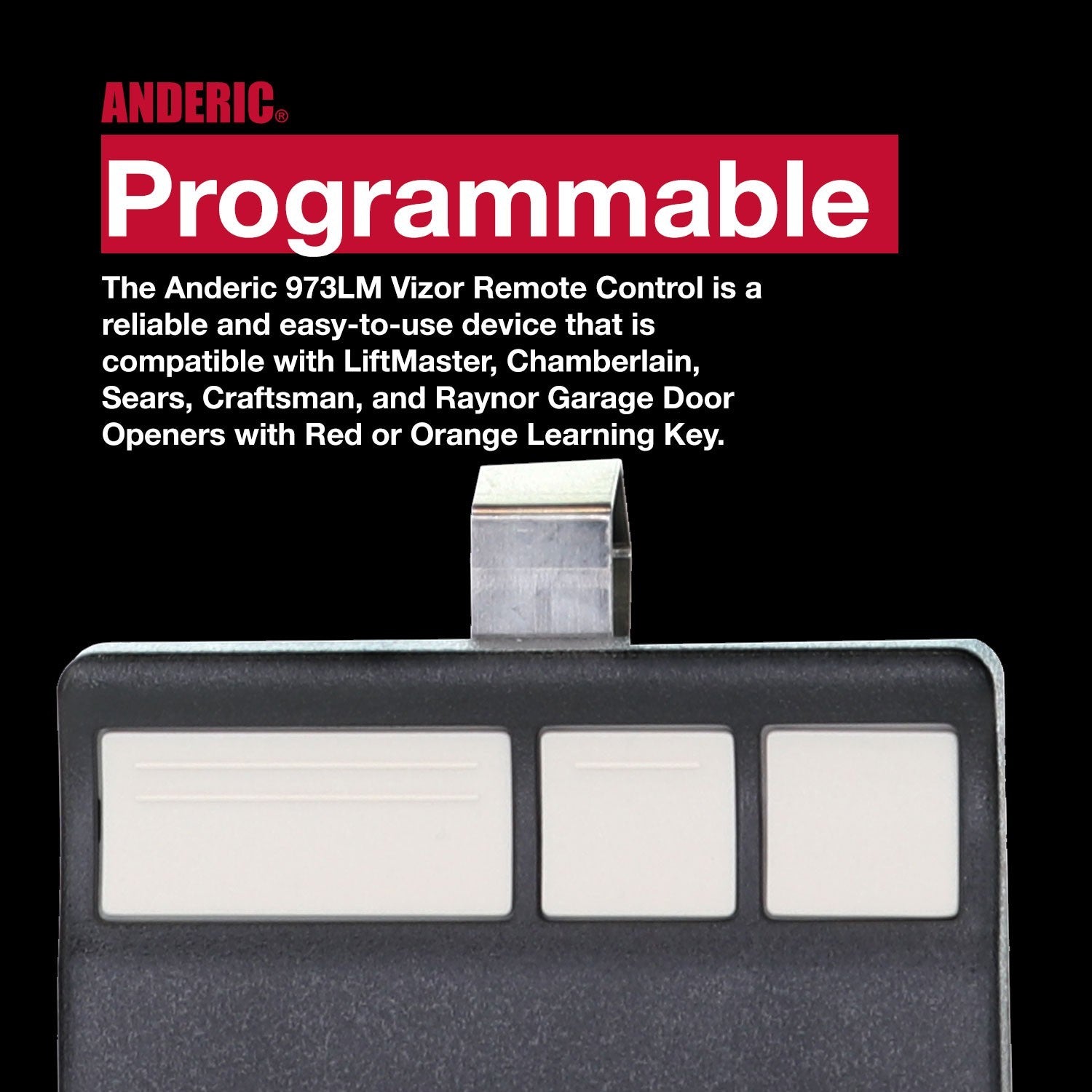 Anderic 973LM 3-button garage door remote control with a metal visor clip, compatible with 390MHz Security+ systems.