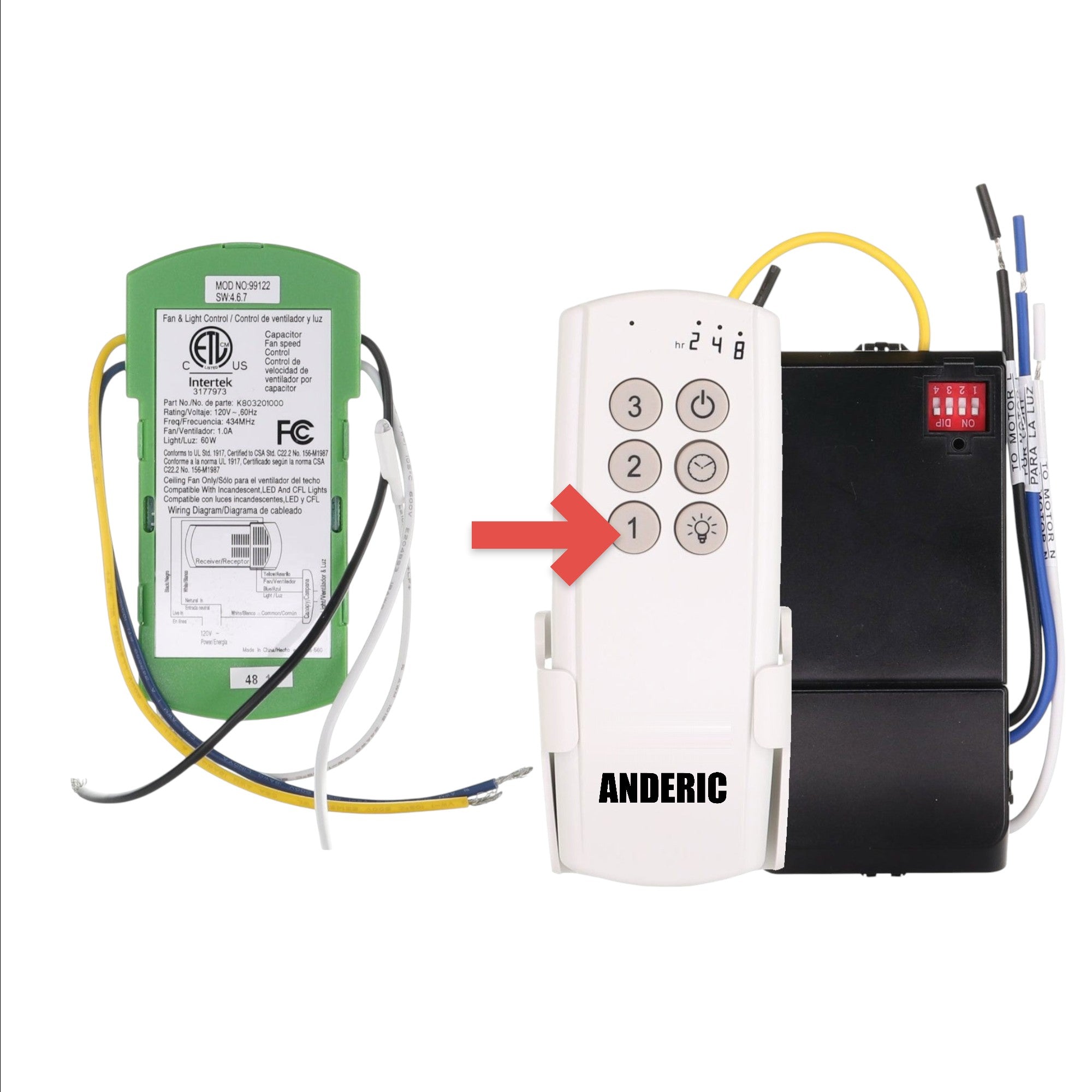 Anderic 99122 ceiling fan receiver module with wiring diagram and technical specifications for remote control systems.