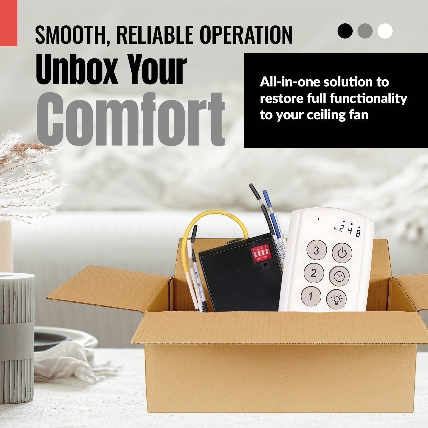 Anderic 99122-Receiver ceiling fan remote control and receiver module kit in a cardboard box.