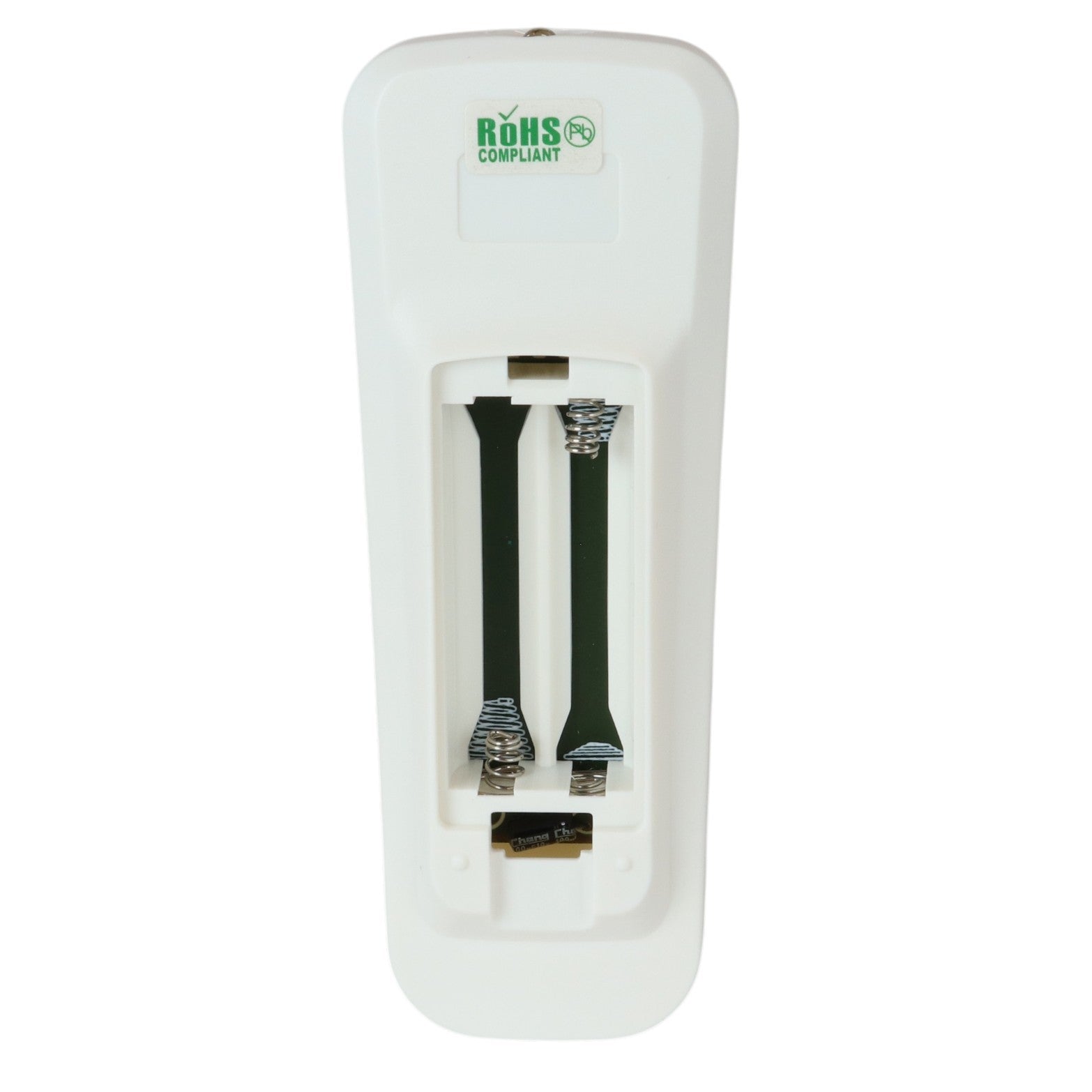 Anderic replacement air conditioner remote control battery compartment with RoHS compliant label on white plastic