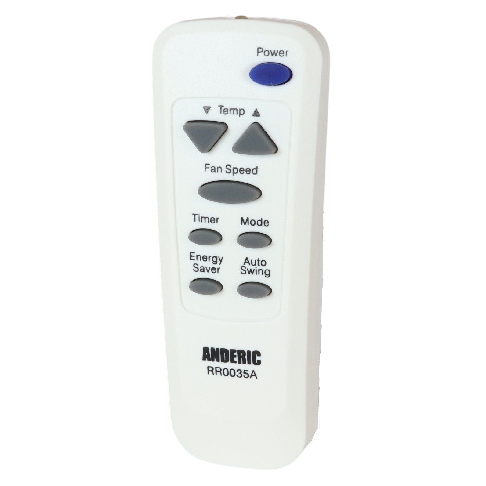 Anderic RR0035A white air conditioner remote control with grey buttons and a blue power button.