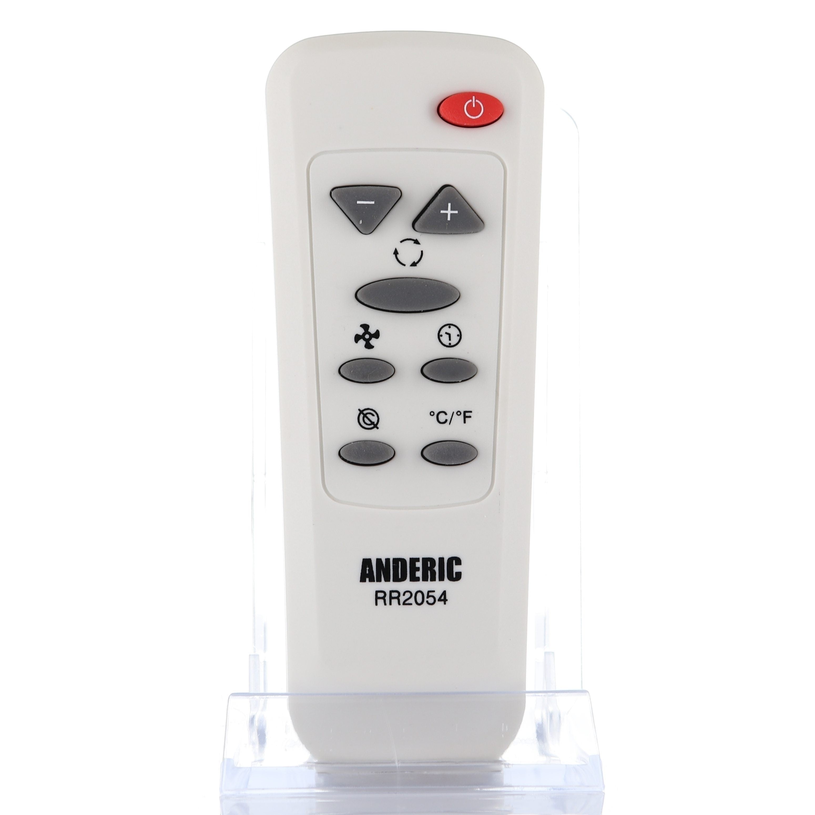 Anderic RR2054 white air conditioner remote control with power, temperature, fan, timer, and mode buttons.