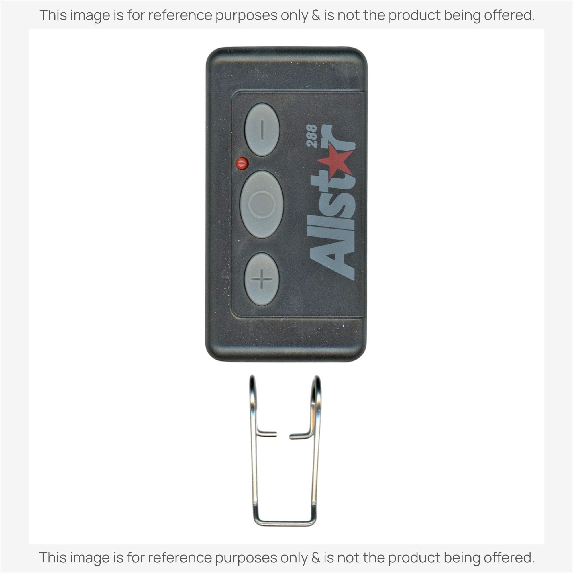 Anderic 288MHz garage door remote control substitute for Allstar 111025 with three buttons and metal visor clip.