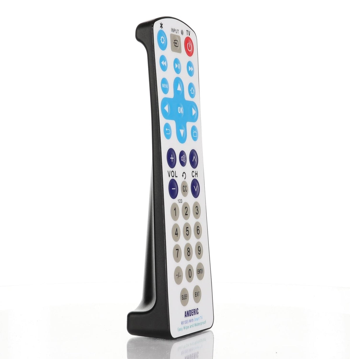 Anderic RR1003 antimicrobial universal remote control with a white sealed surface and large blue and grey buttons.