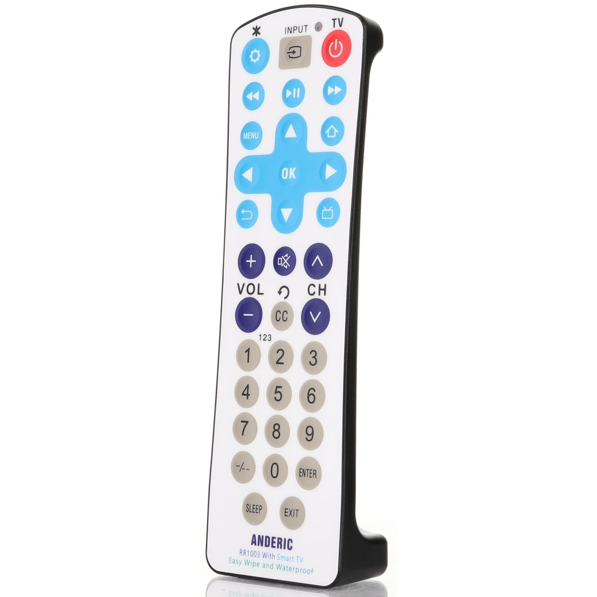 Anderic RR1003 antimicrobial universal remote control with a white, easy-to-clean sealed surface and oversized buttons.