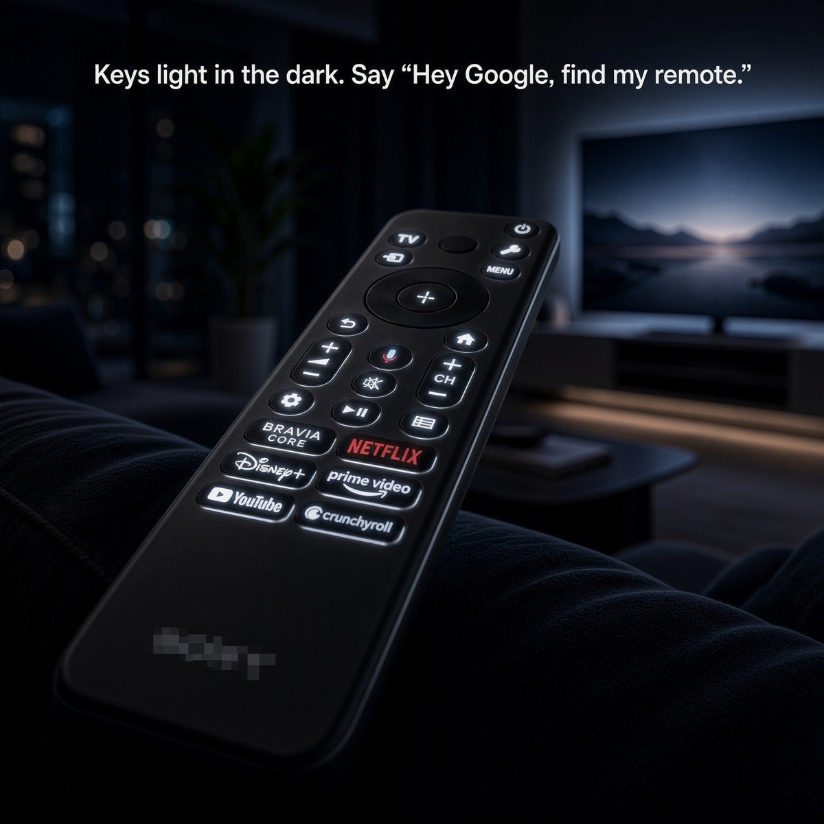 Anderic black voice remote control for Sony TVs featuring backlit glowing buttons and streaming service shortcuts.