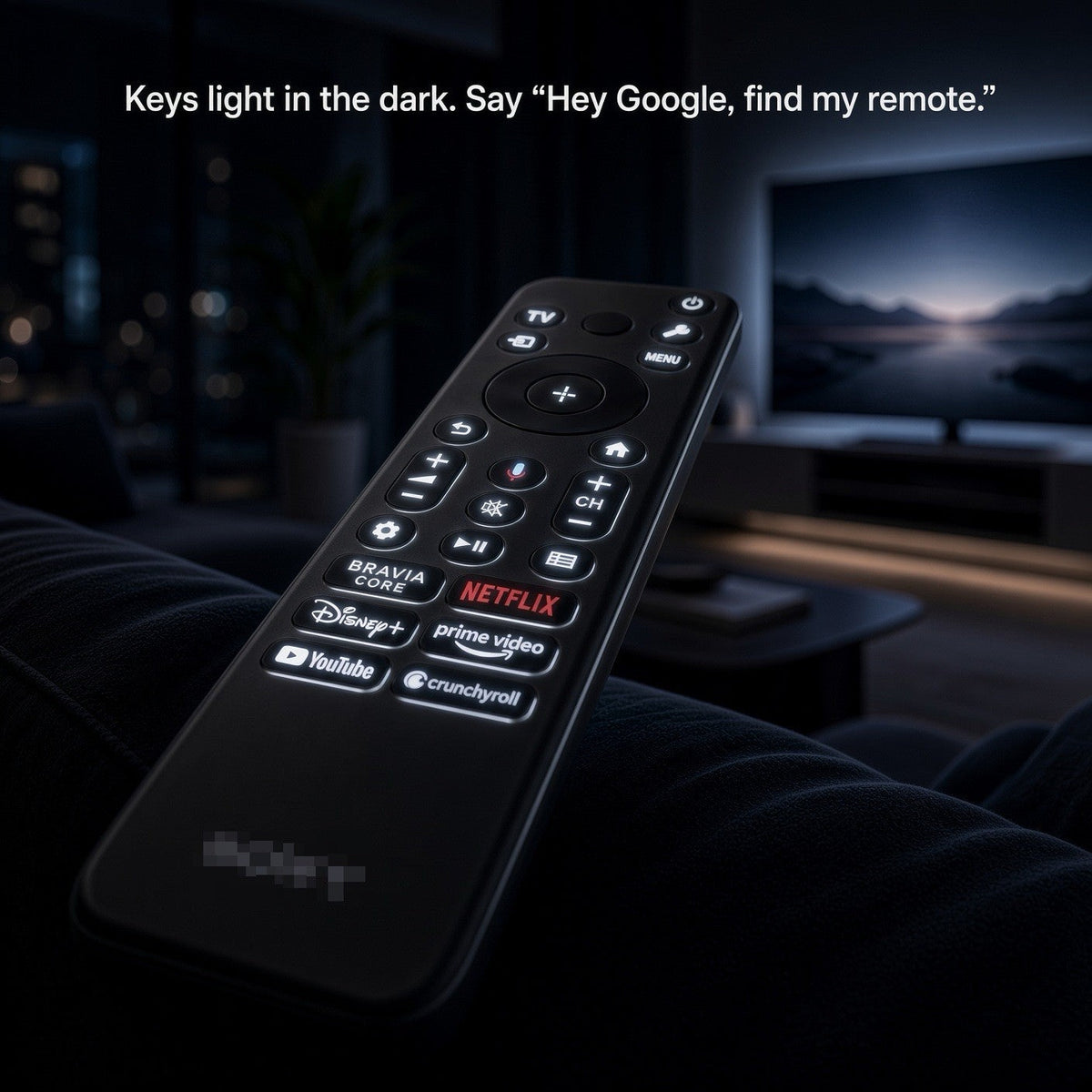 Anderic backlit TV remote for Sony BRAVIA with voice control and shortcut buttons for streaming services in a dark room