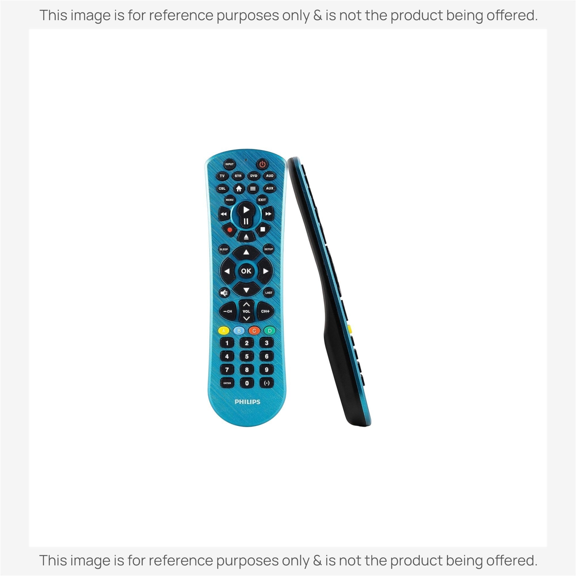 Anderic universal remote control in blue with a backlit keypad and dedicated streaming buttons for home entertainment.