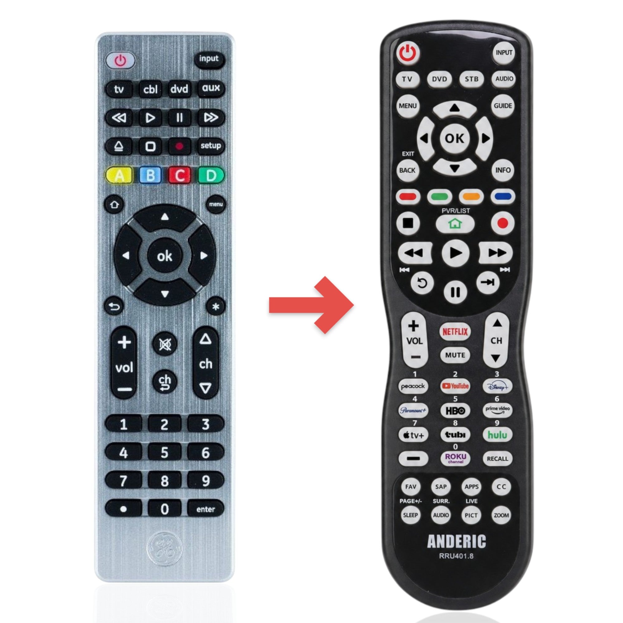 Anderic brushed silver 4-device universal remote control with backlit keypad and dedicated streaming buttons