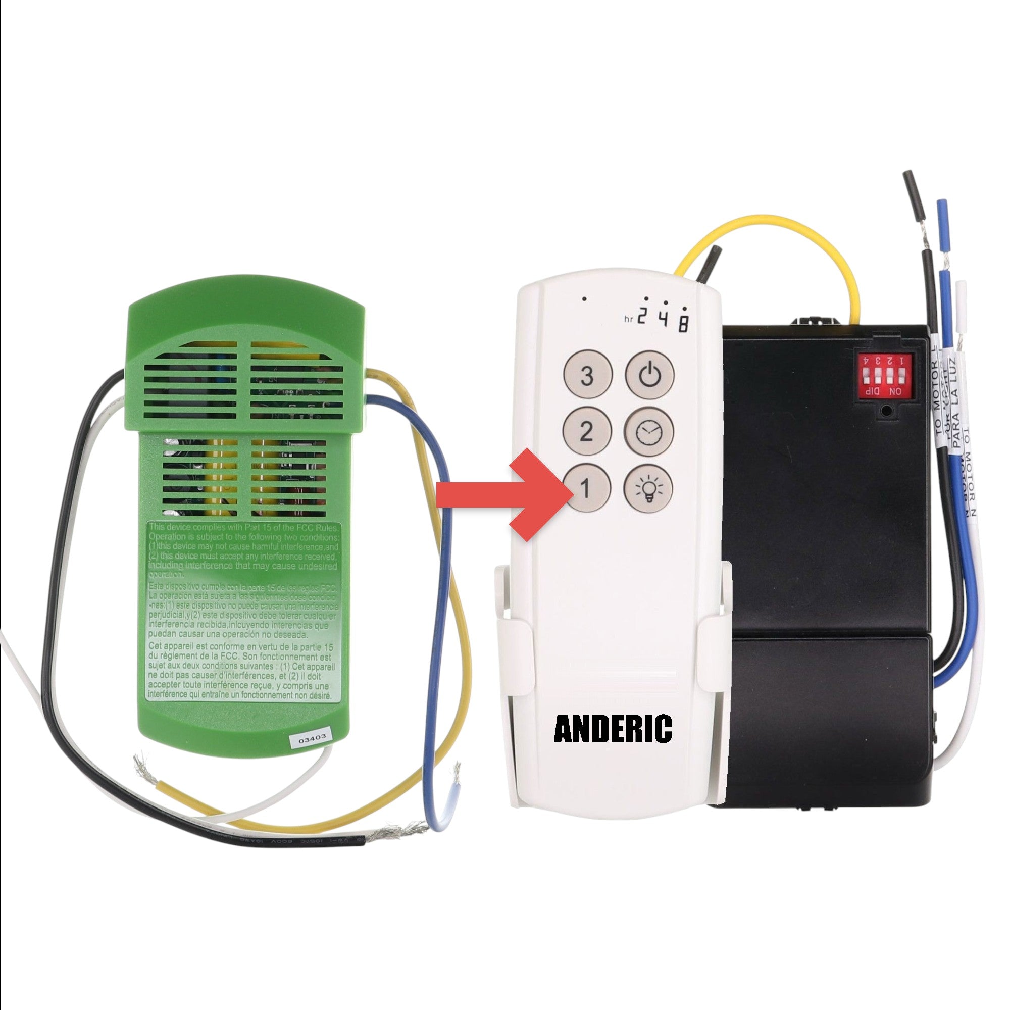 Anderic 63T-AC83T-KIT green ceiling fan receiver for 3-speed AC fans with wiring for light and motor control.