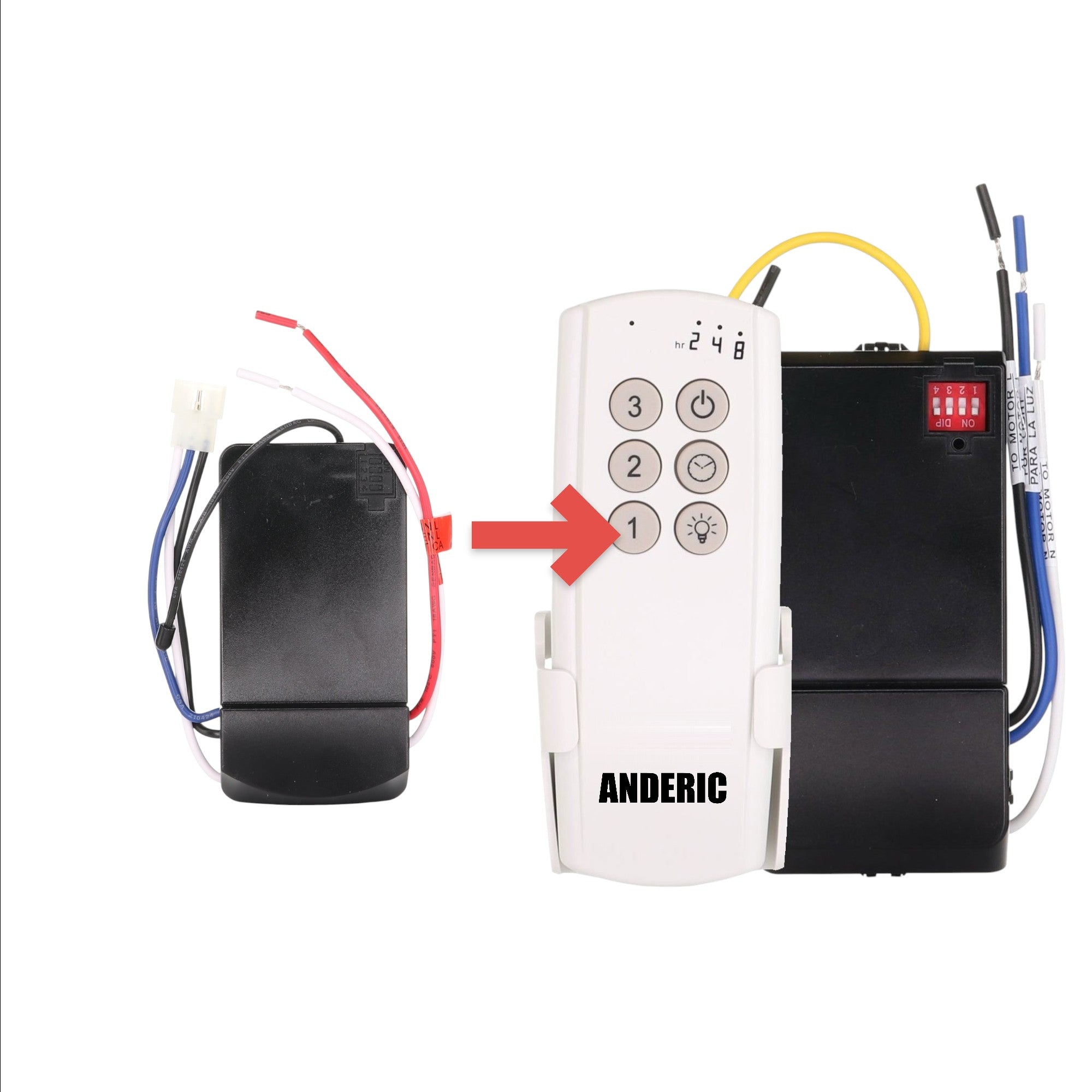 Anderic 63T-AC83T-KIT ceiling fan receiver replacement for Hampton Bay AP-8RDL with wiring harness and black casing.