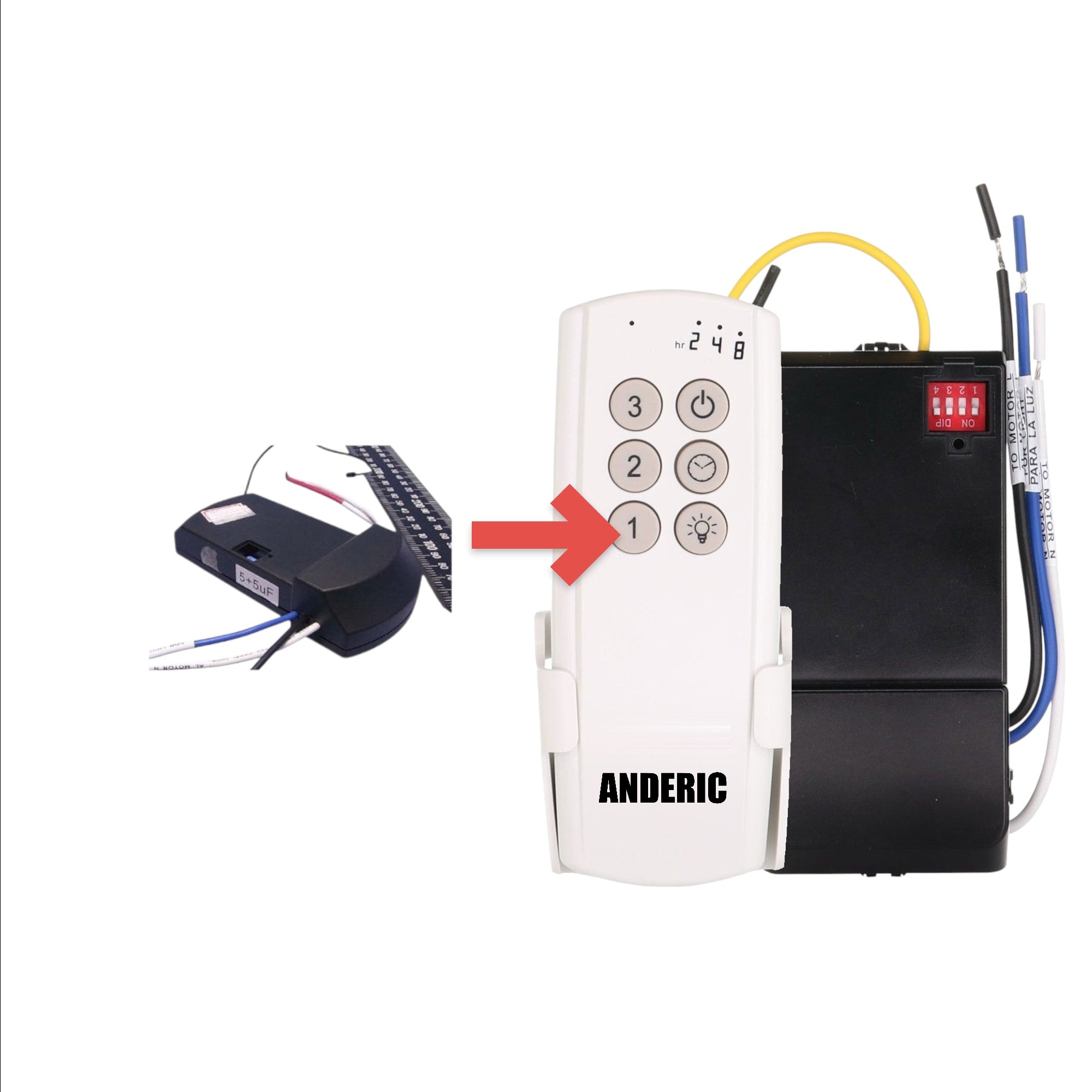Anderic 63T-AC83T-KIT ceiling fan receiver, a black wireless control unit with wiring for fan and light operation.