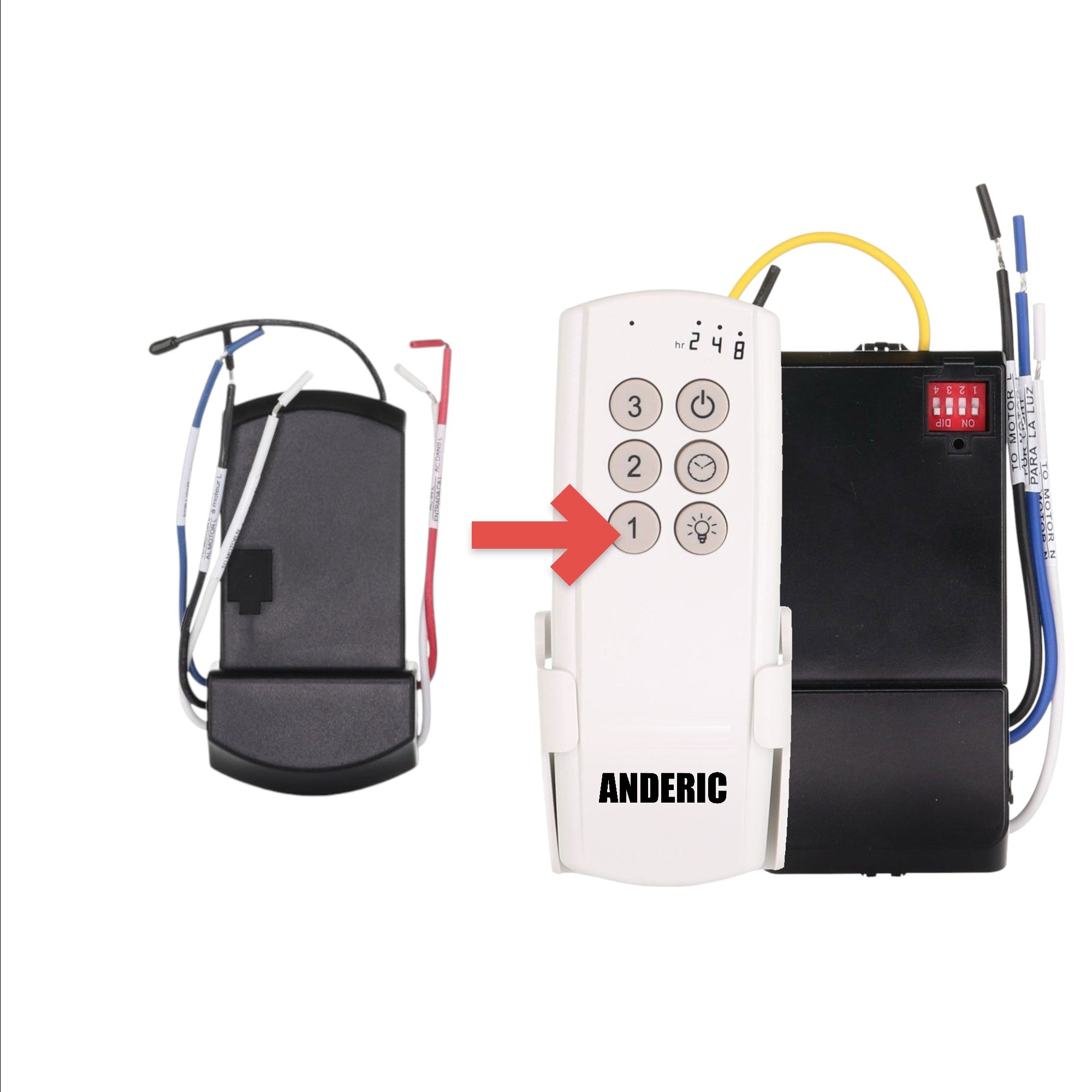Anderic ceiling fan receiver module for Hampton Bay MR181A-3, 304.25 frequency with 4 dip switches and wiring.