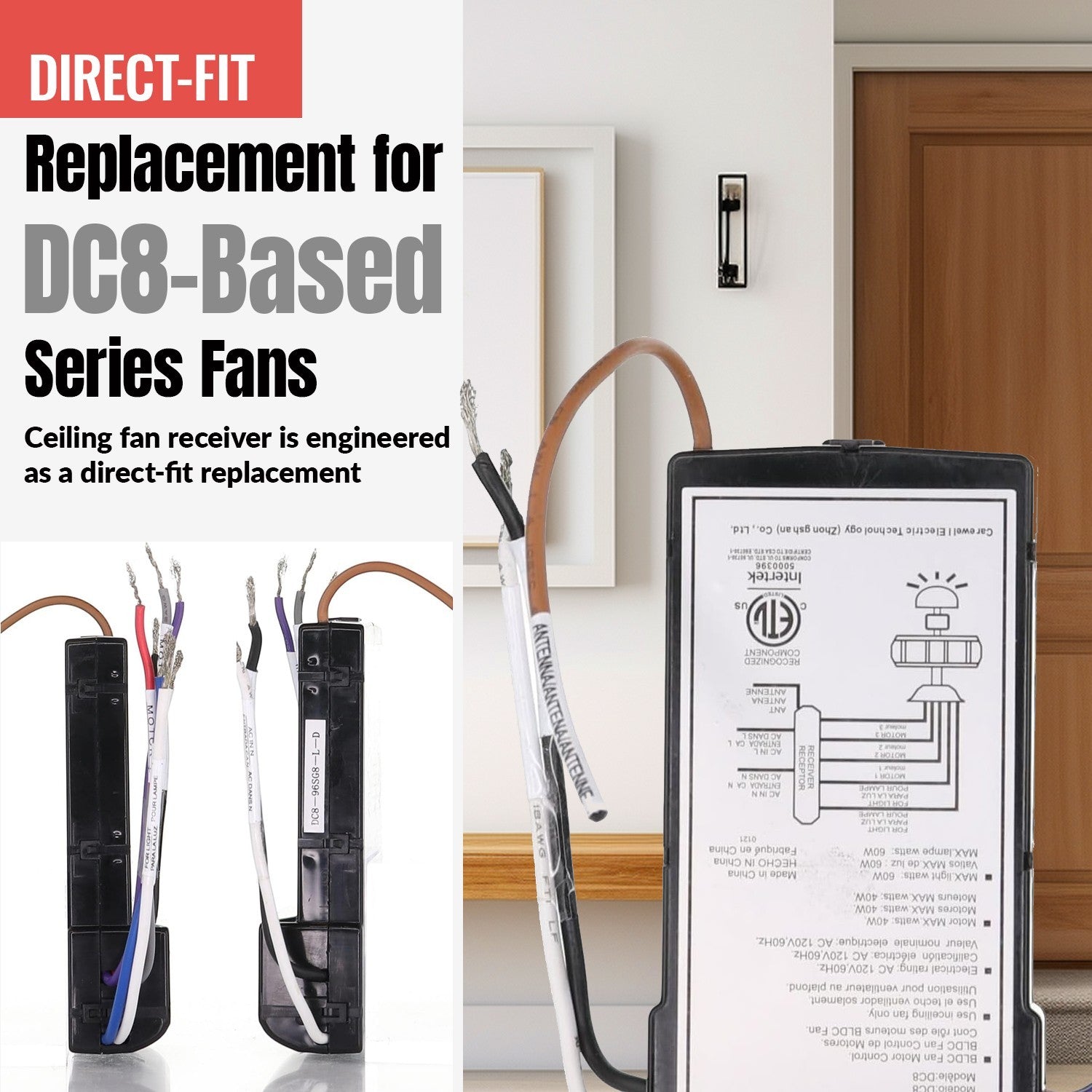 Anderic ceiling fan receiver model DC870SG7LDC for DC motor fans, featuring black casing and wiring diagrams.