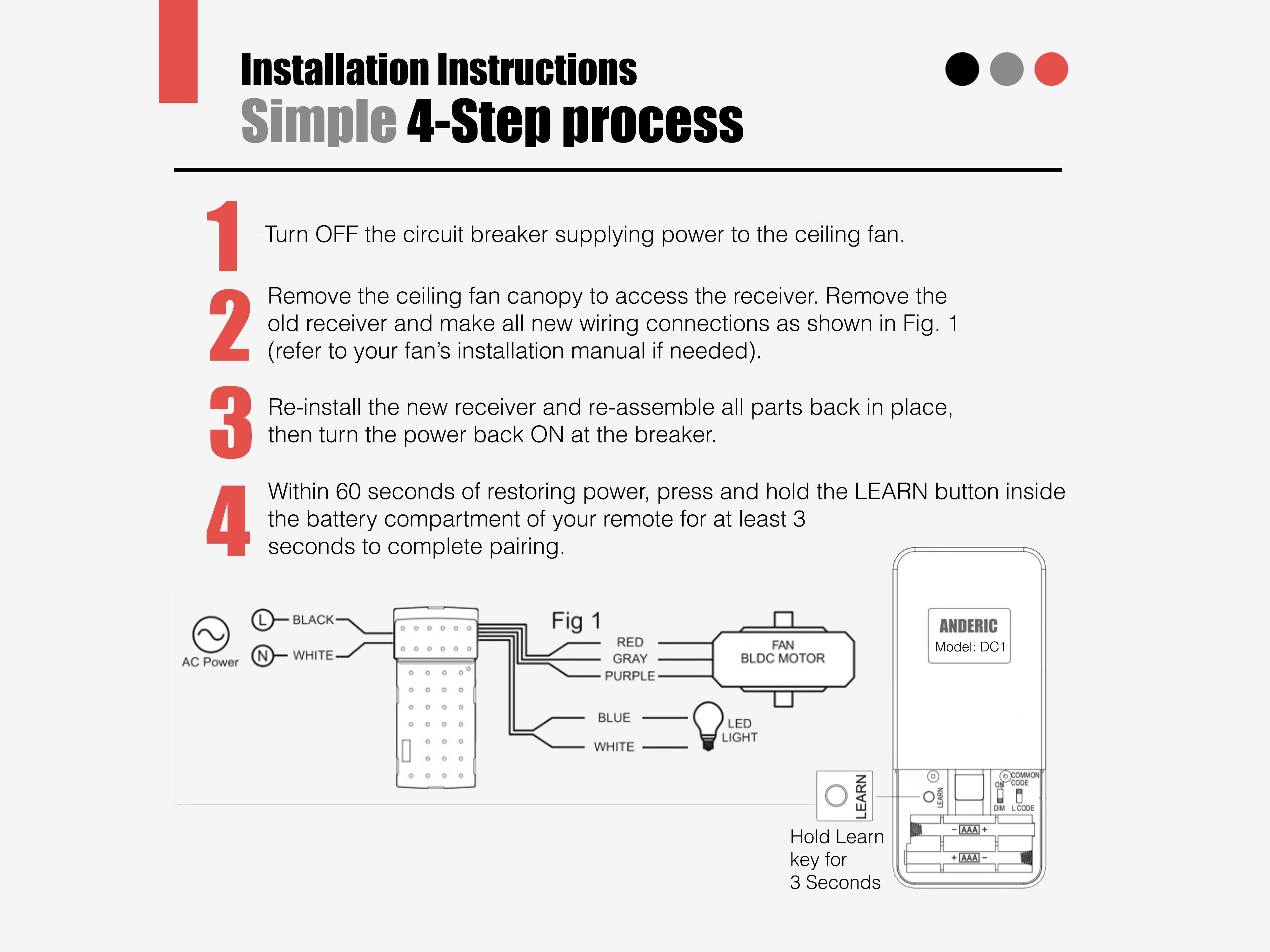 Anderic installation guide for DC ceiling fan receiver showing a 4-step process and wiring diagram for DC1 remote