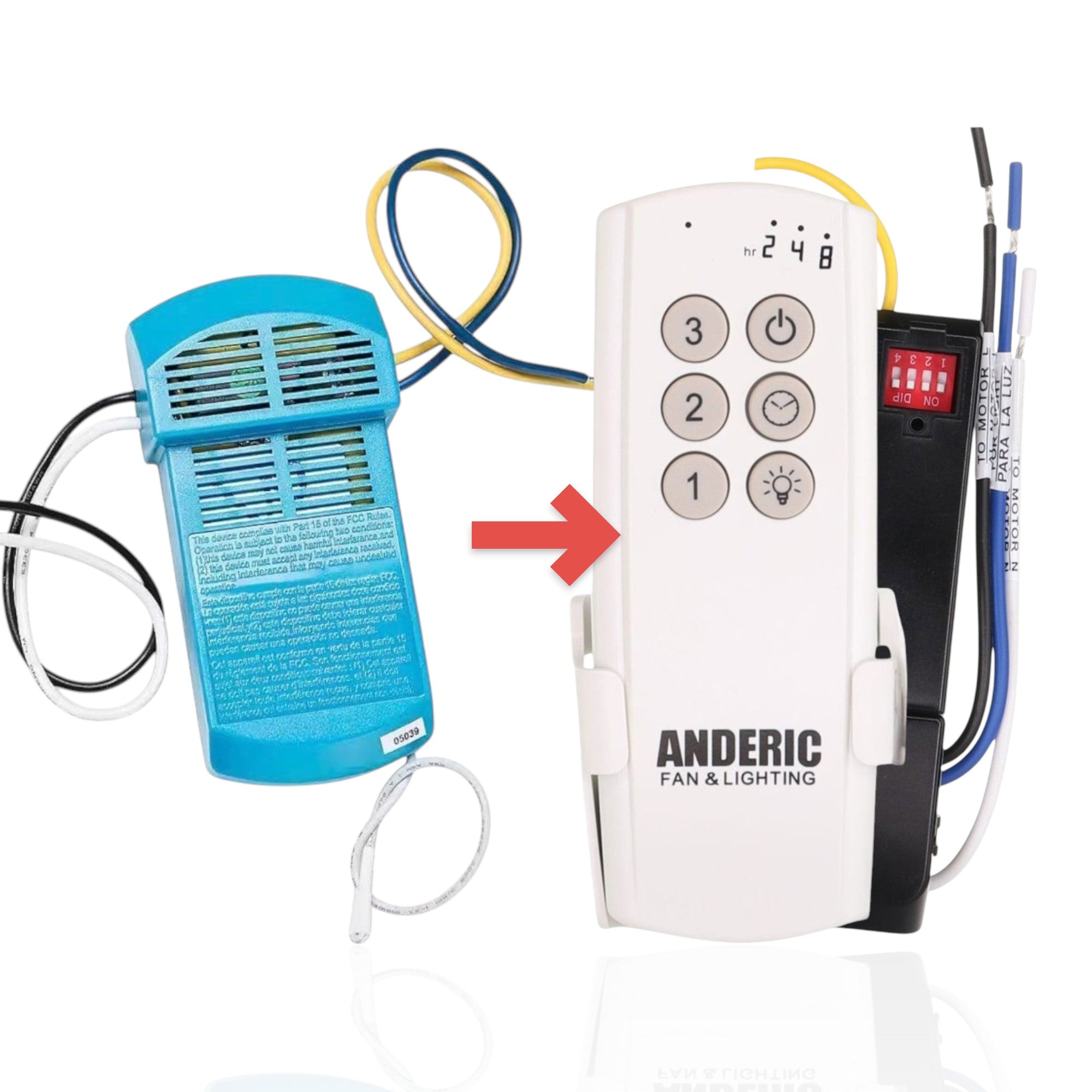 Anderic ceiling fan receiver kit with blue plastic housing, wiring, and Simple Connect app compatibility.