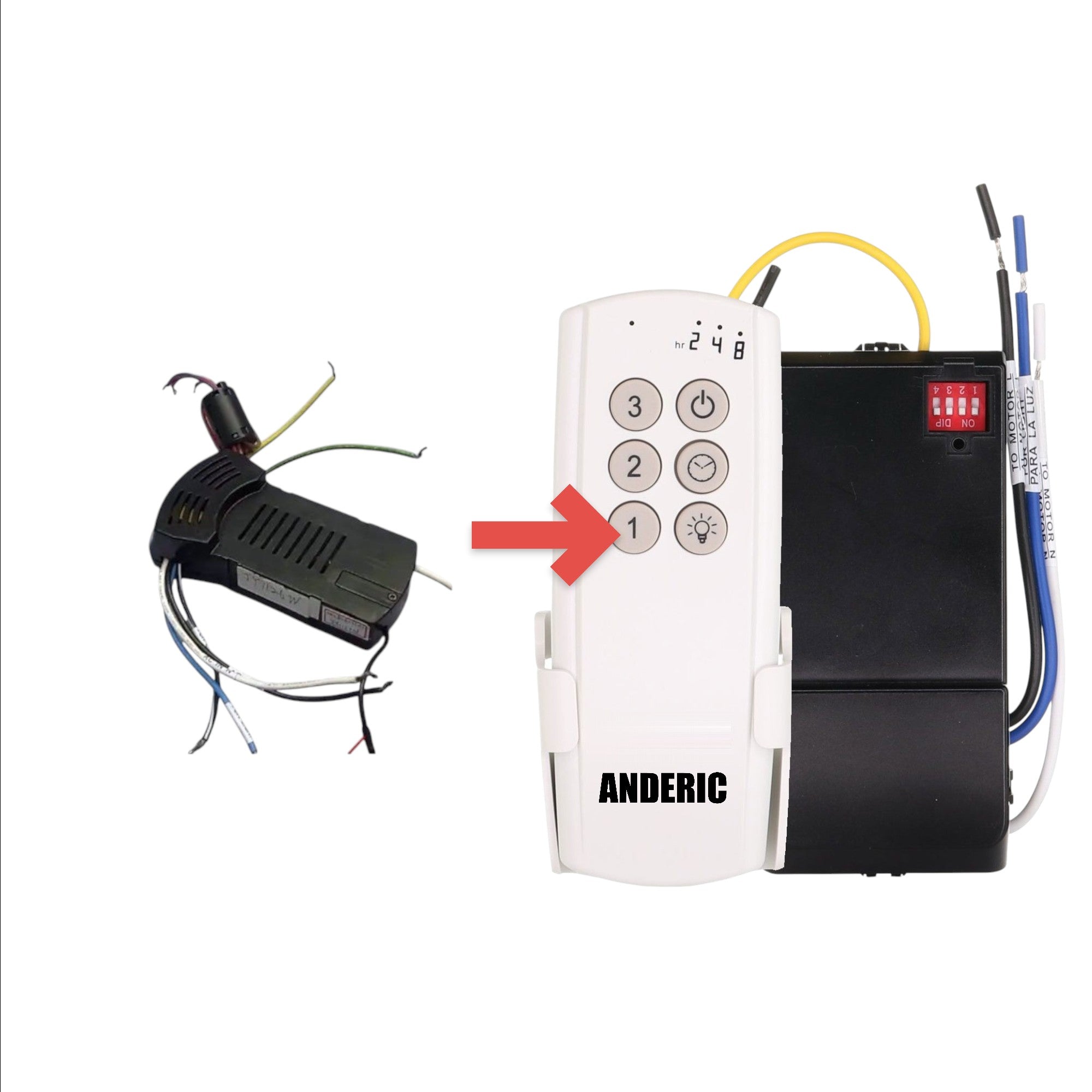 Anderic replacement ceiling fan receiver module 63T-AC83T-KIT for KUJCE10718 remote systems with multi-colored wires.