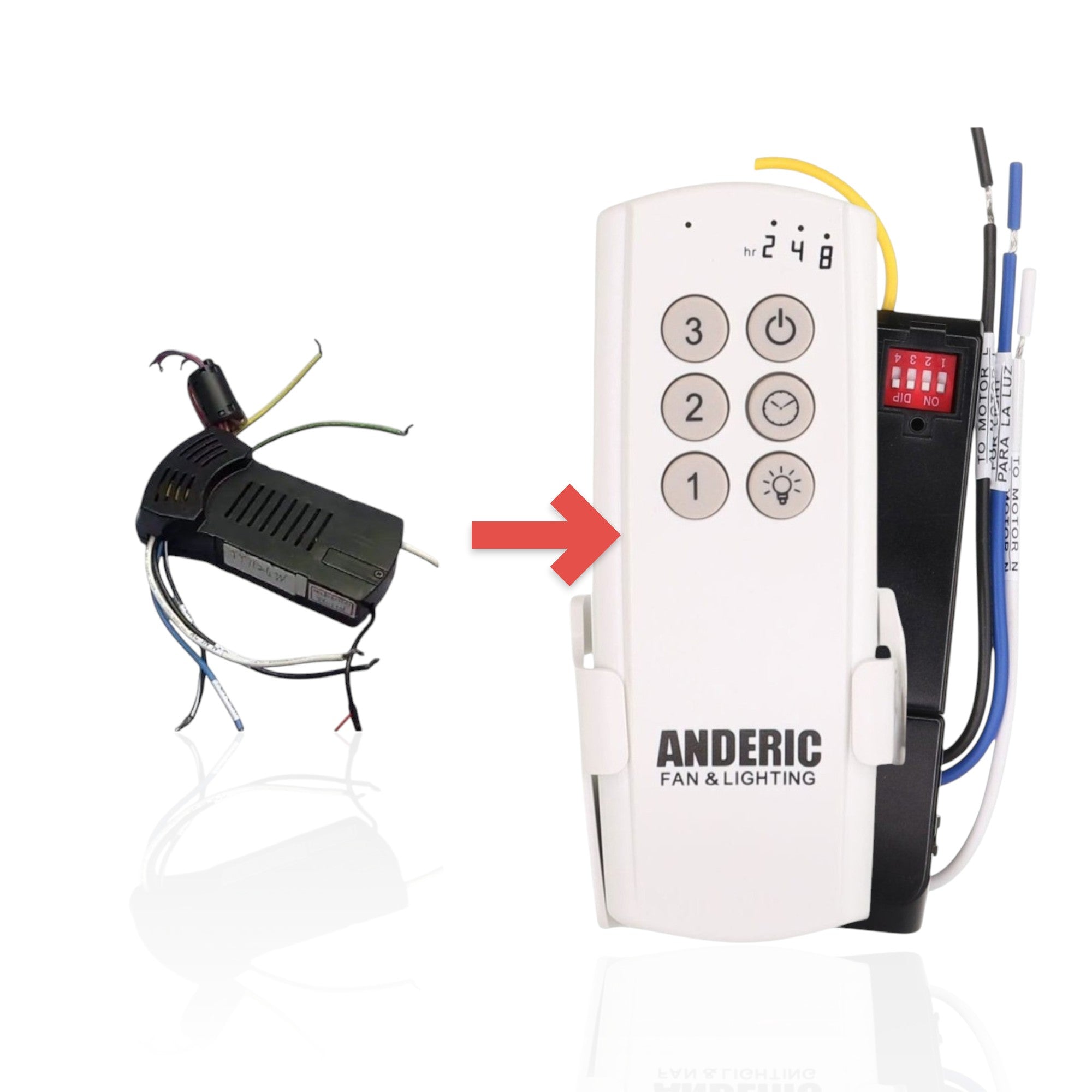 Anderic replacement ceiling fan receiver module 63T-AC83T-KIT with multi-colored wiring for remote control systems.