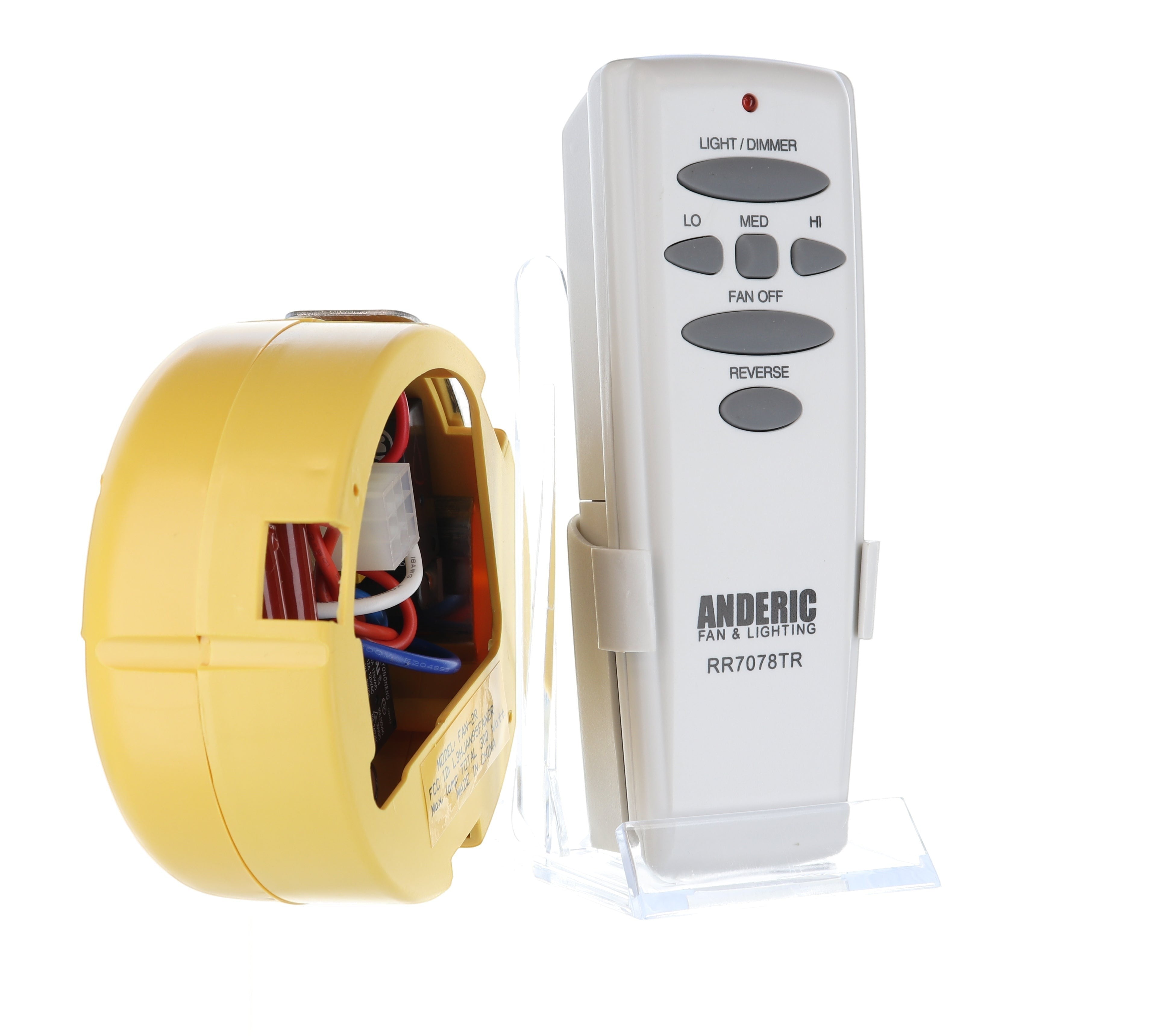 Anderic ceiling fan receiver and remote control kit for Hunter fans with light dimming and speed control buttons.