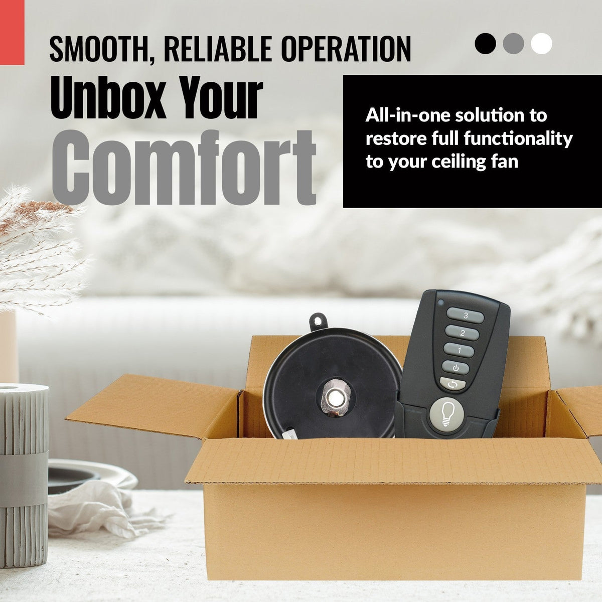 Anderic ceiling fan receiver and remote control kit inside an open cardboard box for home comfort restoration