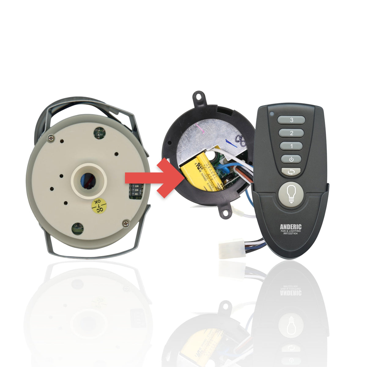 Anderic ceiling fan receiver kit with remote control, showing two receiver sizes and a black handheld transmitter.