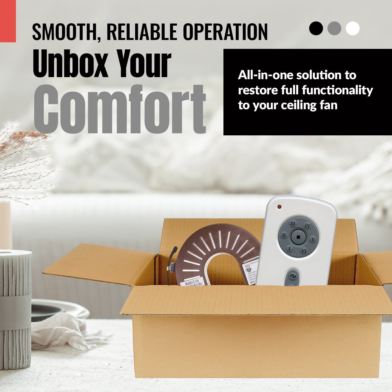 Anderic ceiling fan receiver and remote control kit in an open cardboard box for easy installation and repair.