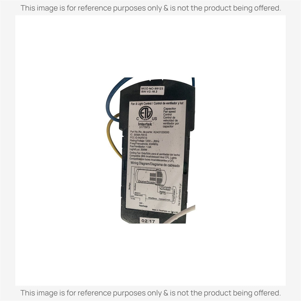 Anderic ceiling fan receiver replacement for Hunter 99123 IN2RX13 with wiring diagram and technical specifications.