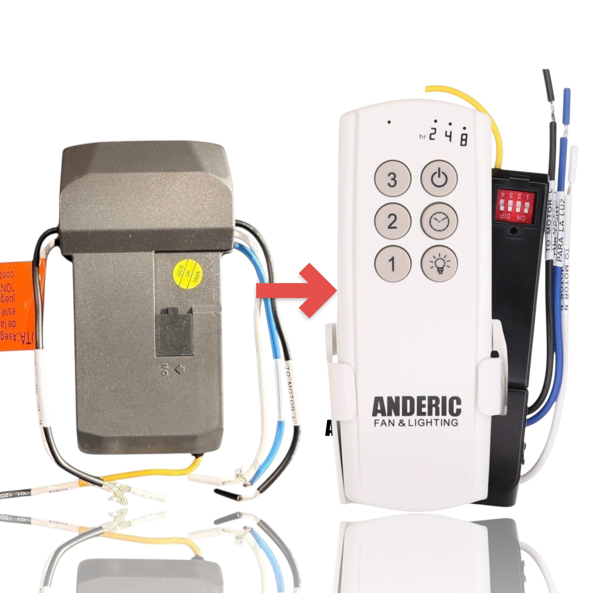 Anderic ceiling fan receiver replacement for Hampton Bay UC7067RYAI with wiring and dip switch settings.
