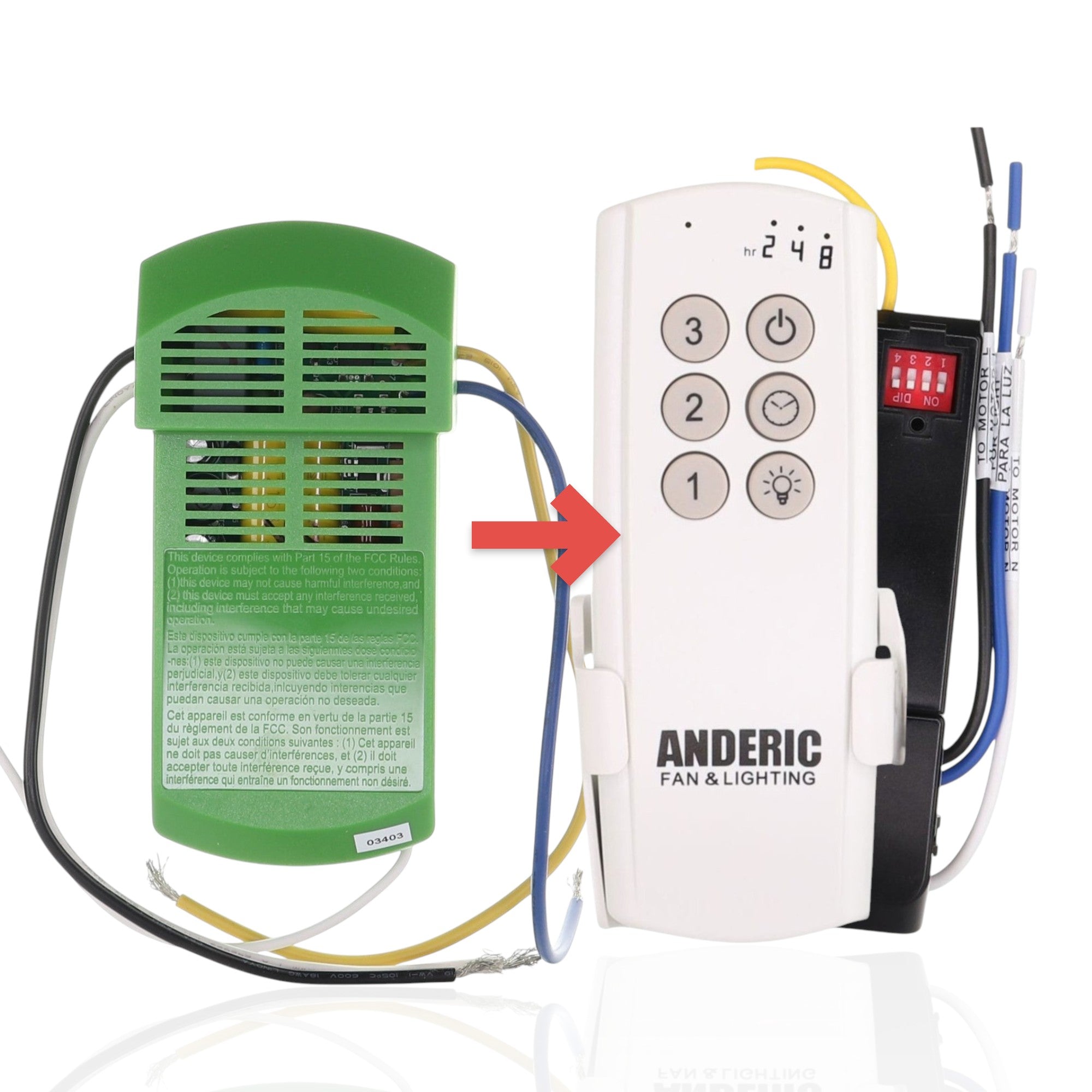 Anderic ceiling fan receiver unit in green plastic with exposed wiring for AC 3-speed fan control and light dimming.