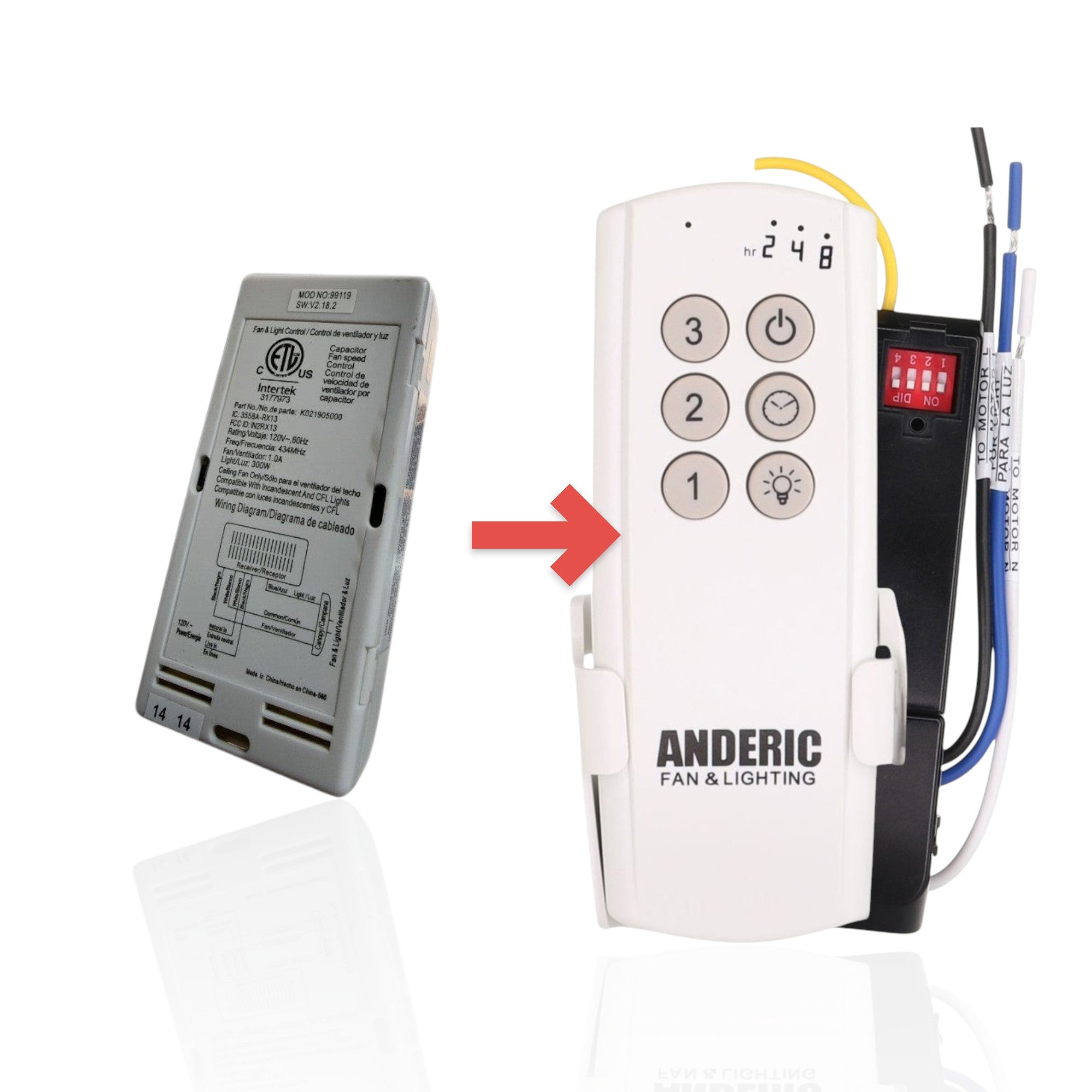 Anderic ceiling fan receiver unit for Hunter 99119 replacement with wiring diagram and technical specifications