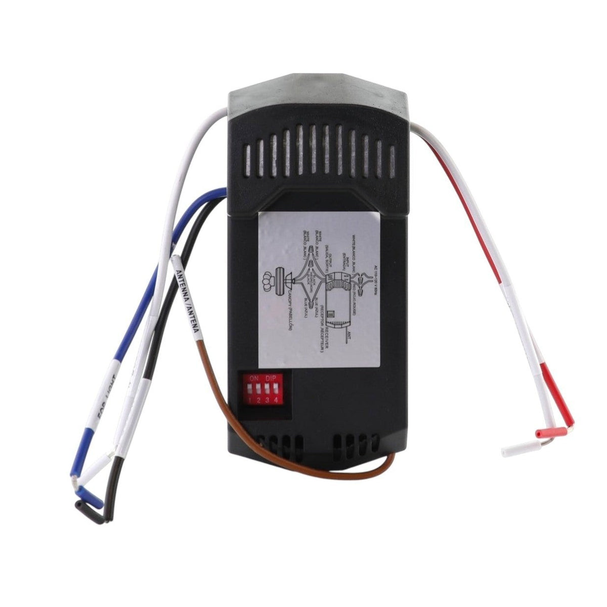 Anderic UC7067FMRX ceiling fan receiver unit with black plastic housing, wiring harness, and dip switch settings.
